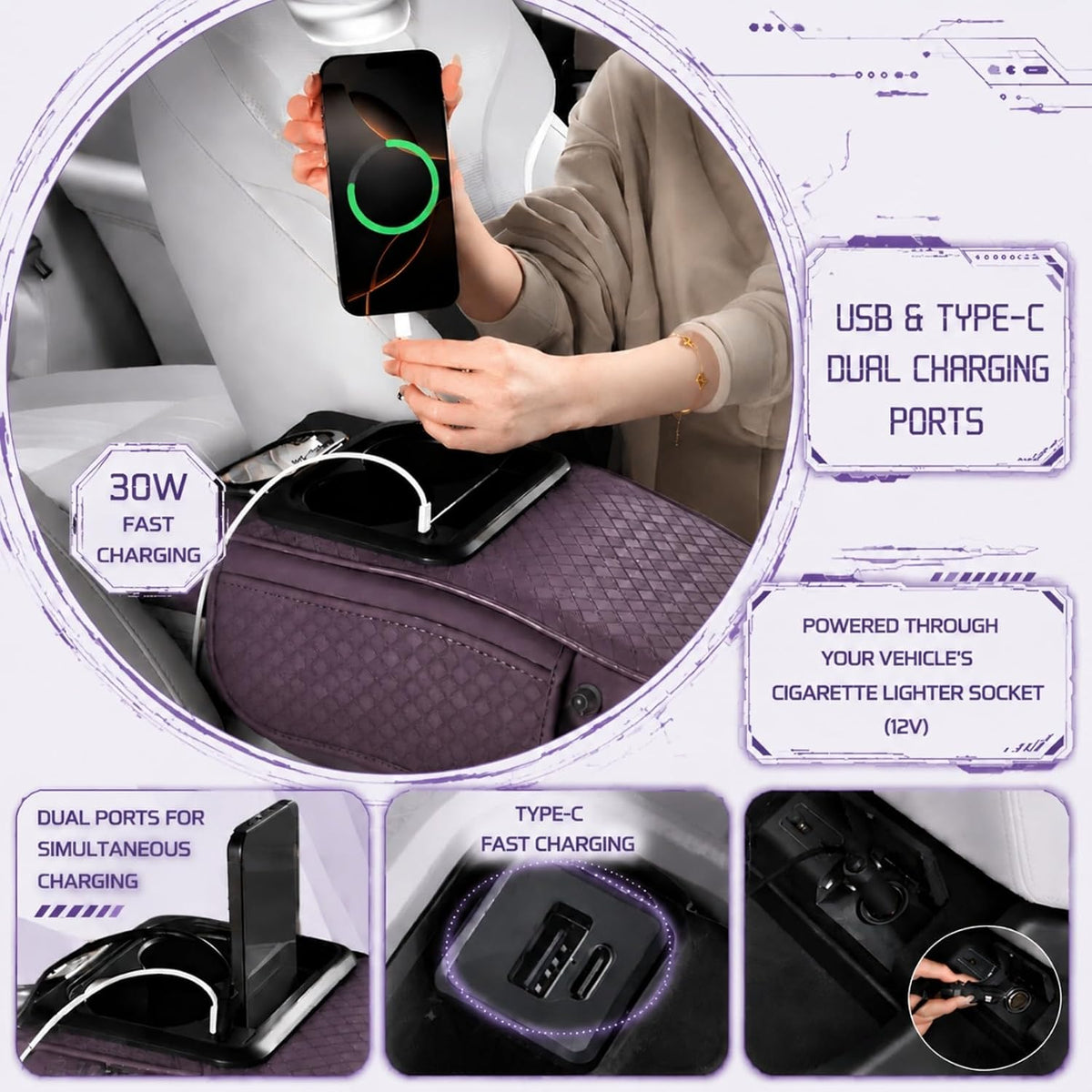 Car Center Console Armrest Cushion with USB& Type-C Charging Ports, Multifunction Armrest Organizer with Cup Holder, Tissue&Phone Slot, Side Pocket, Sloped Arm Rest Pad for Cars SUVs (Light-Beige)