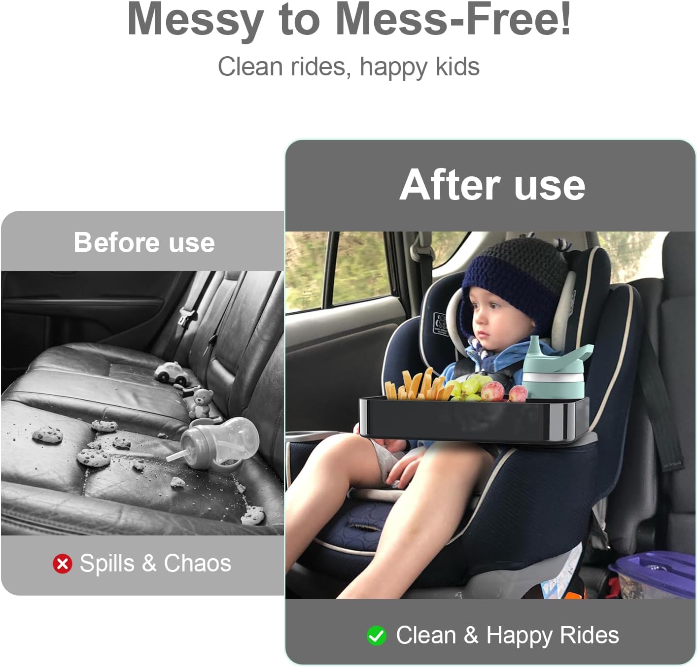 [2 Pack] Car Seat Snack Tray for Toddlers - 3 Inch Cup Holder Fits Most Sippy Cups & Straw Bottles with Dip Well, Mess-Free Square Kids Travel Tray Road Trip Essentials, Black, 2