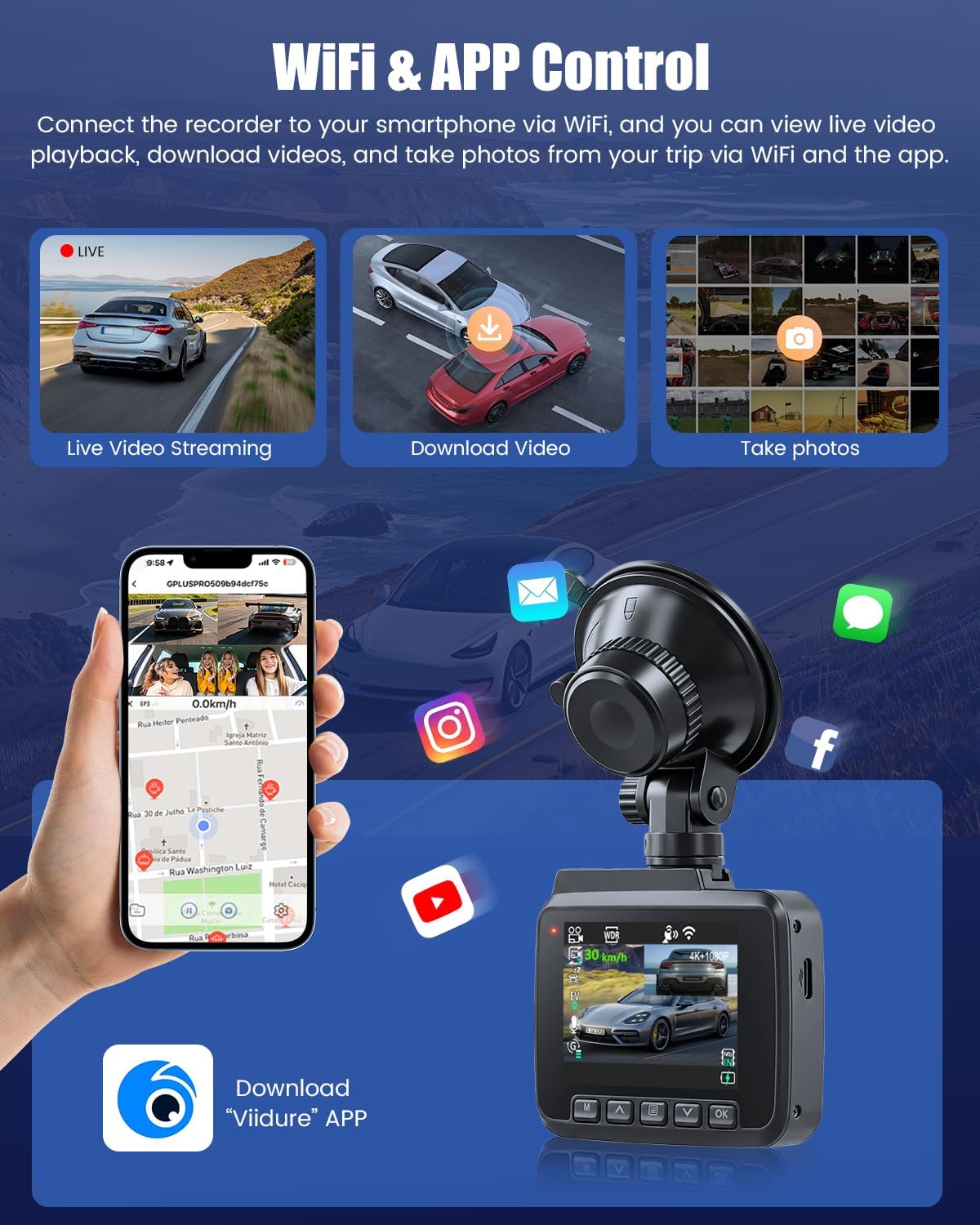 4K Dash Cam Front and Rear, Built-in WiFi & App Control, GPS