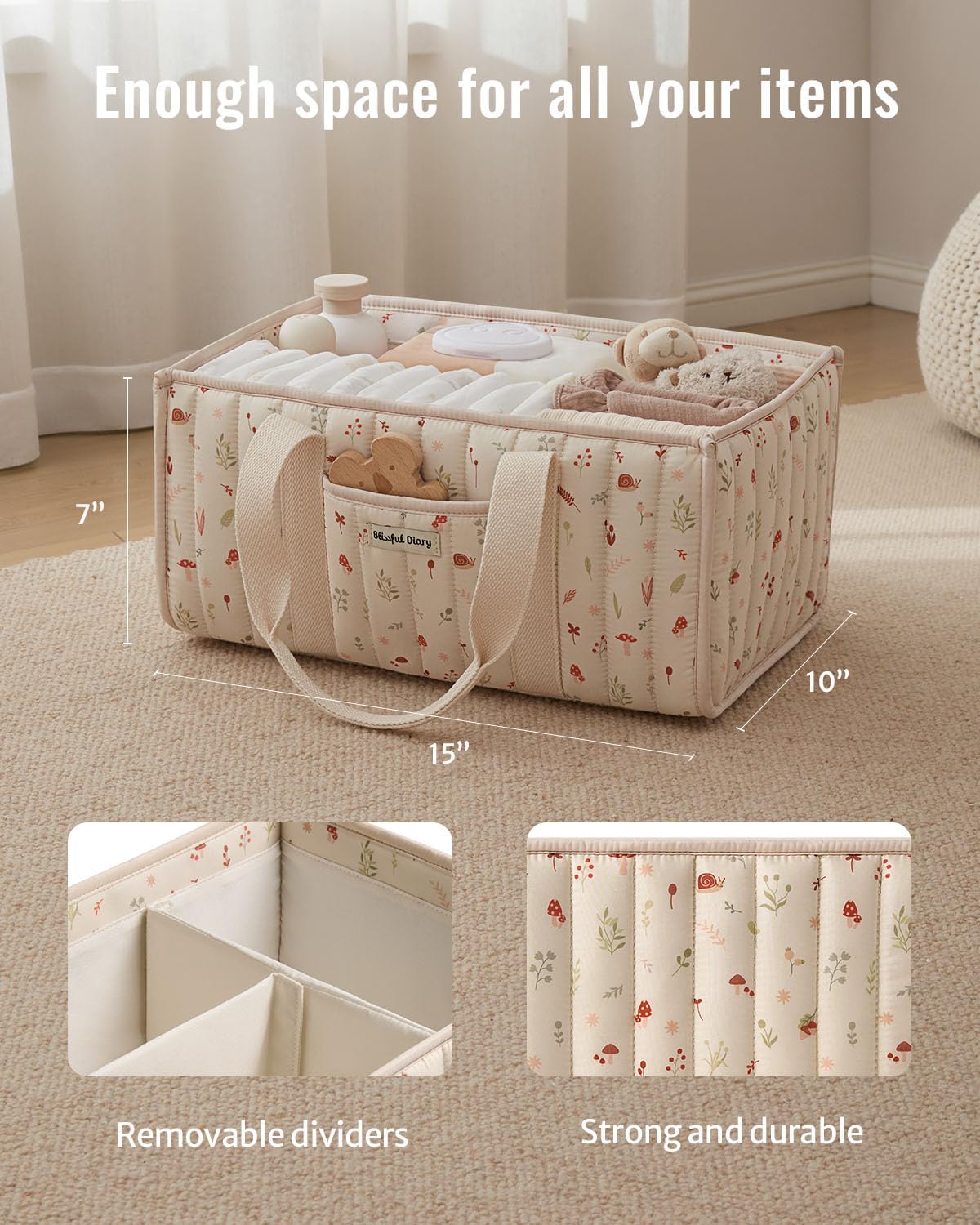 Blissful Diary Woodland Diaper Caddy Organizer, Stylish Nursery Storage Basket, Gift for Baby Shower, Newborn Essentials, Woodland Cream