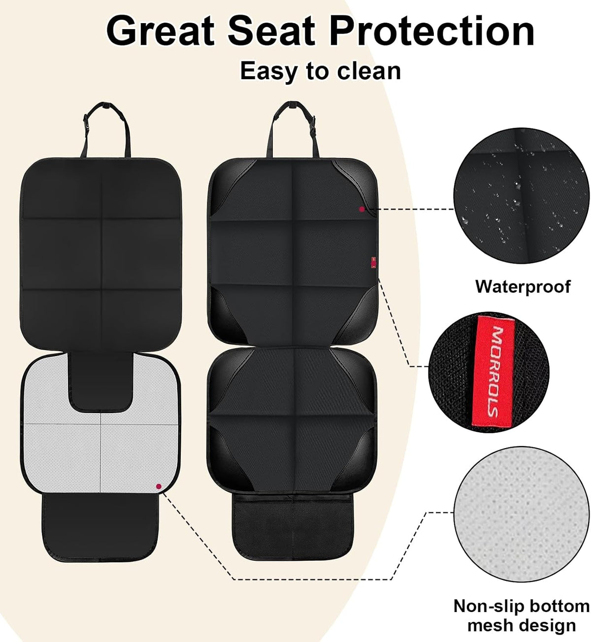 MORROLS Car Seat Protector for Child Seats,1 Pack Car Seat Cushion,Waterproof Fabric Car Seat Covers for Non-Slip Backing Mesh Pockets for Baby,Pet,SUV, Sedan and Trunk(Black)