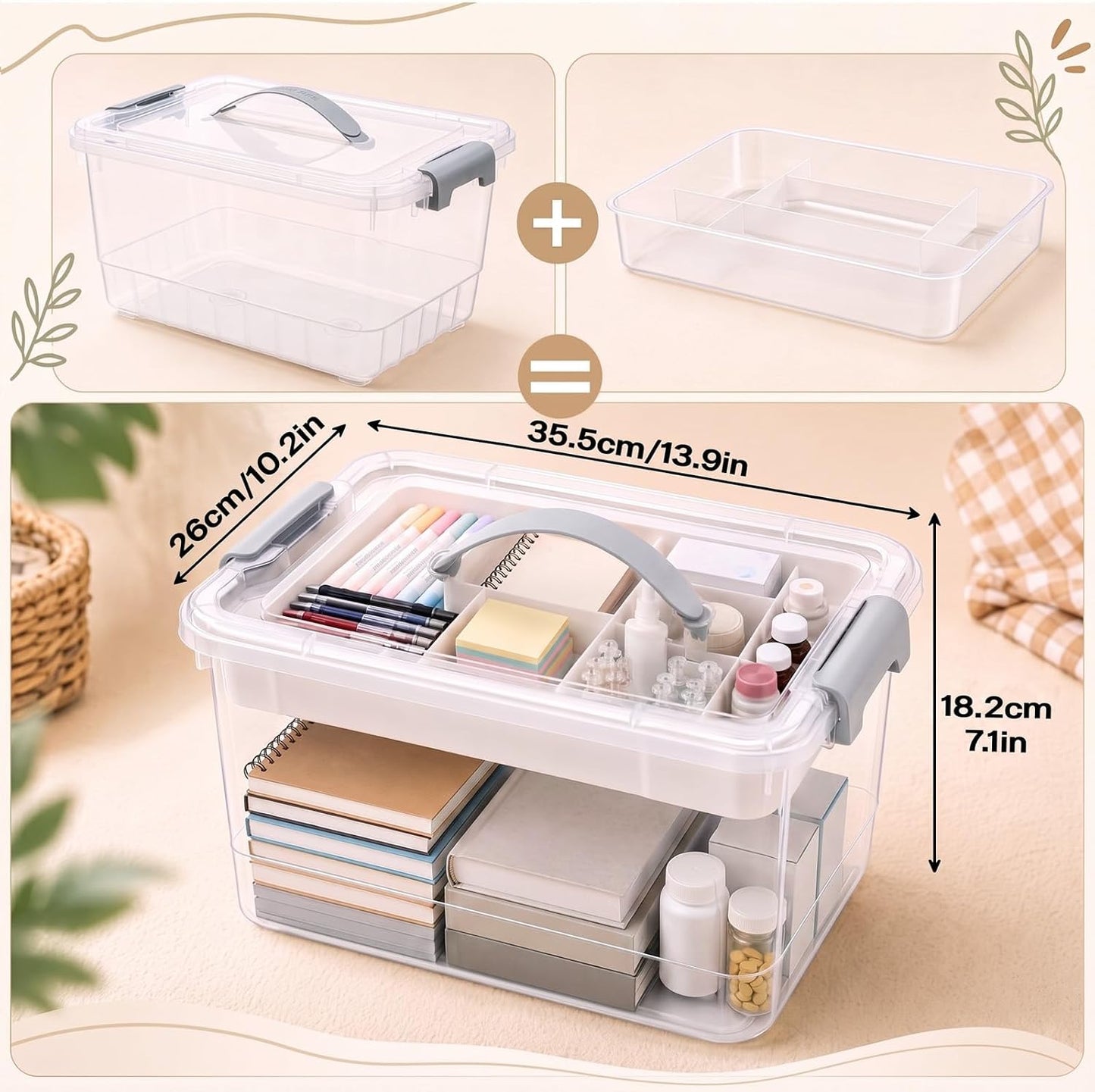 4 Packs 17 Qt Plastic Storage Bins Clear Storage Box with Lids Clear Plastic Latching Box Organizer Stackable Bin with Lid & Tray for Organizing Tool Arts Craft Crayon and Car Trunk