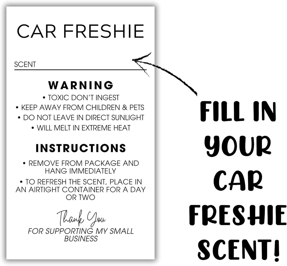 Freshie Care Instructions and Warning Labels Stickers | 2x3.5” 250 pc Roll Car Air Freshener Cards Inserts for Holographic Bag Package Write in Scent