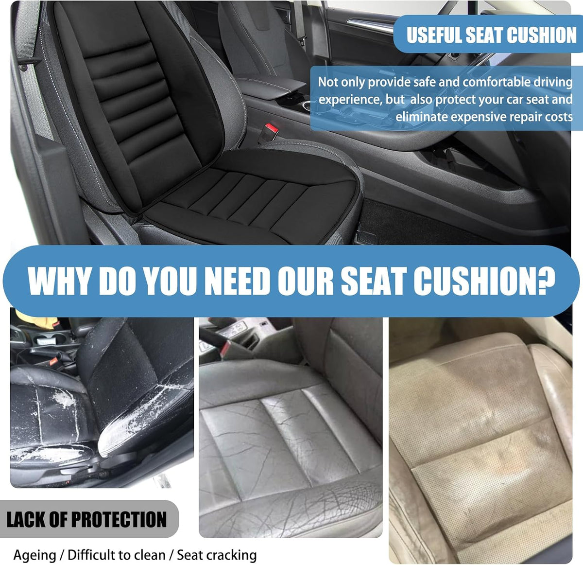 Car Seat Cushion, Memory Foam Cushion with Back Support, Black