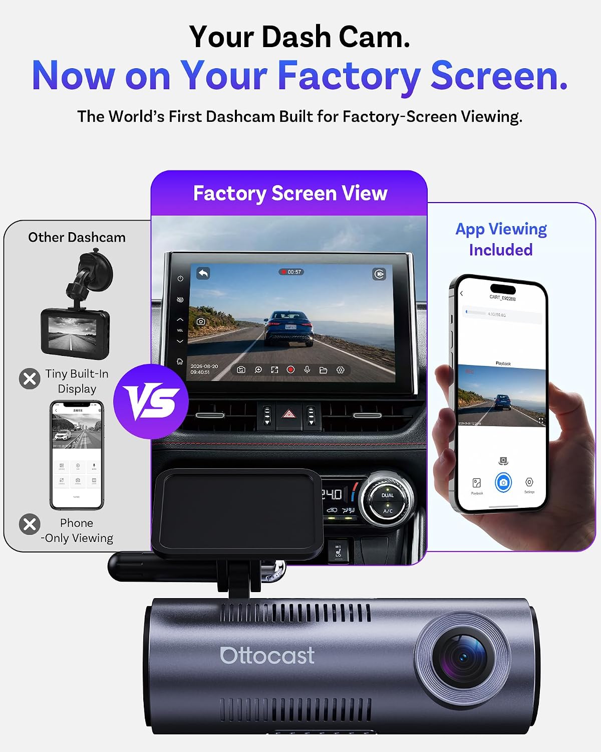 OTTOCAST OttoSafe Dash Cam Front and Rear with Wireless CarPlay Adapter