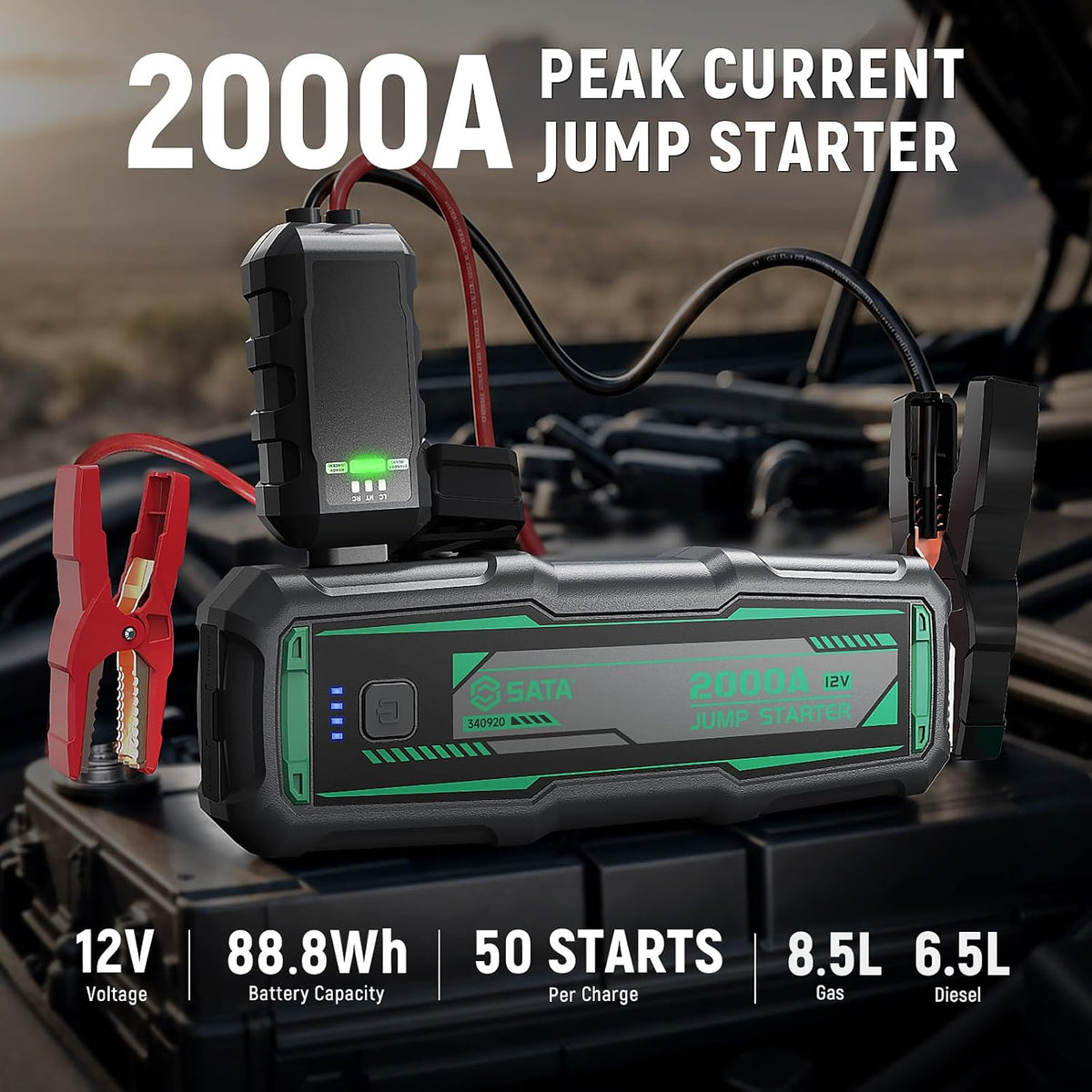 SATA 2000A Car Battery Jump Starter, 88.8Wh Power Pack for 12V Vehicles