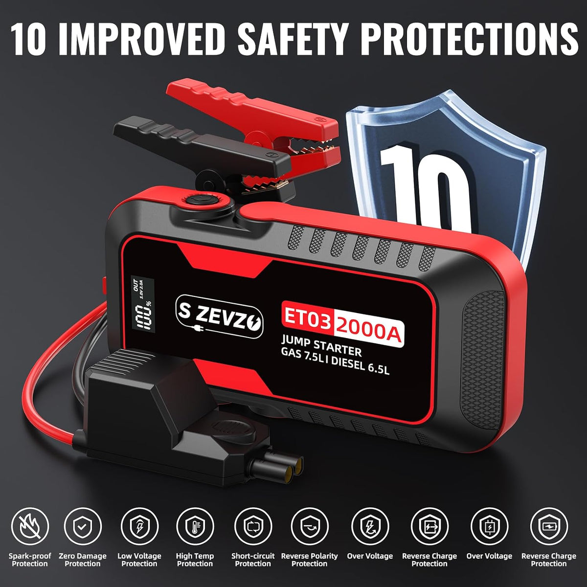 S ZEVZO ET03 2000A Car Jump Starter for 7.5L Gas and 6.5L Diesel Engines