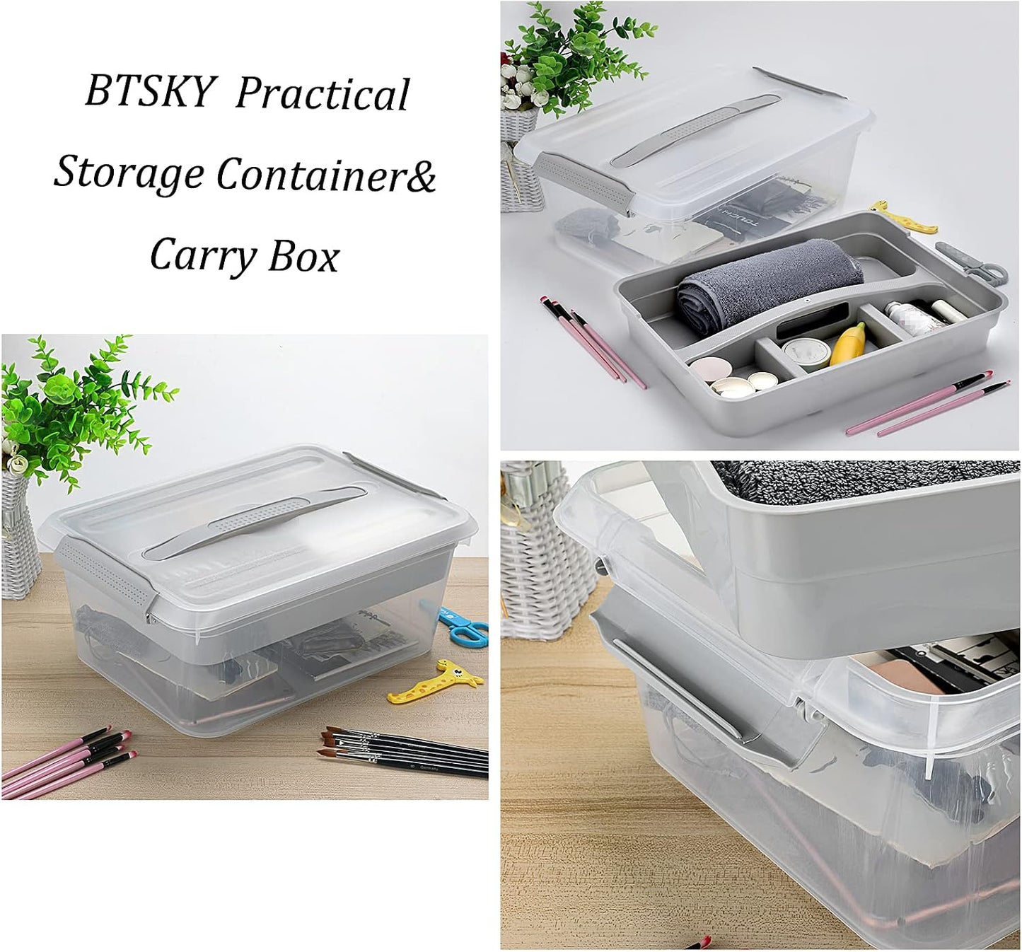 BTSKY Stack & Carry Box, Clear Plastic Storage Container Stackable Home Utility Box with Removable Tray Multi-Purpose Storage Bin for Organizing Stationery, Sewing, Art Craft Supplies(Grey)