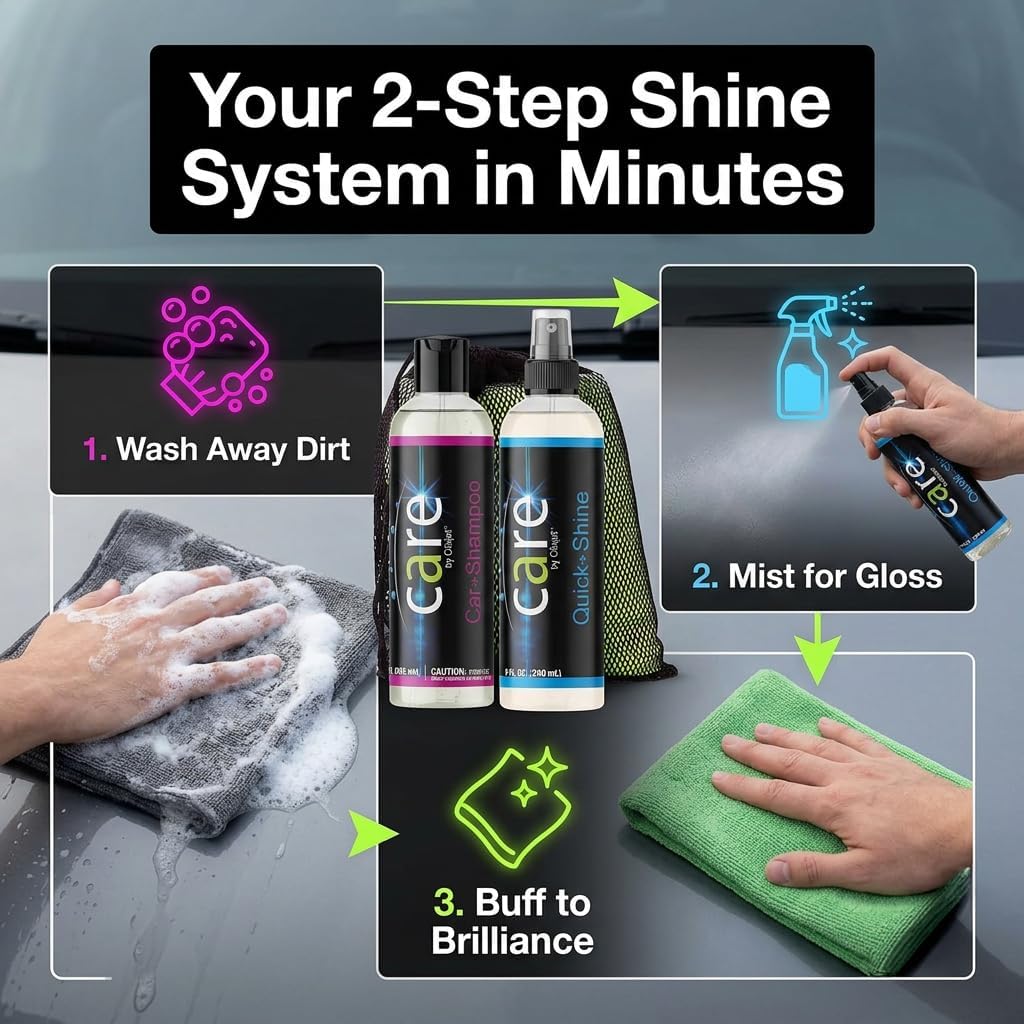 Travel Kit, Automotive Car Accessories and Cleaning Supplies, 4-Piece Set with Car Shampoo and Quick-Shine Polish, and 2 Microfiber Towels