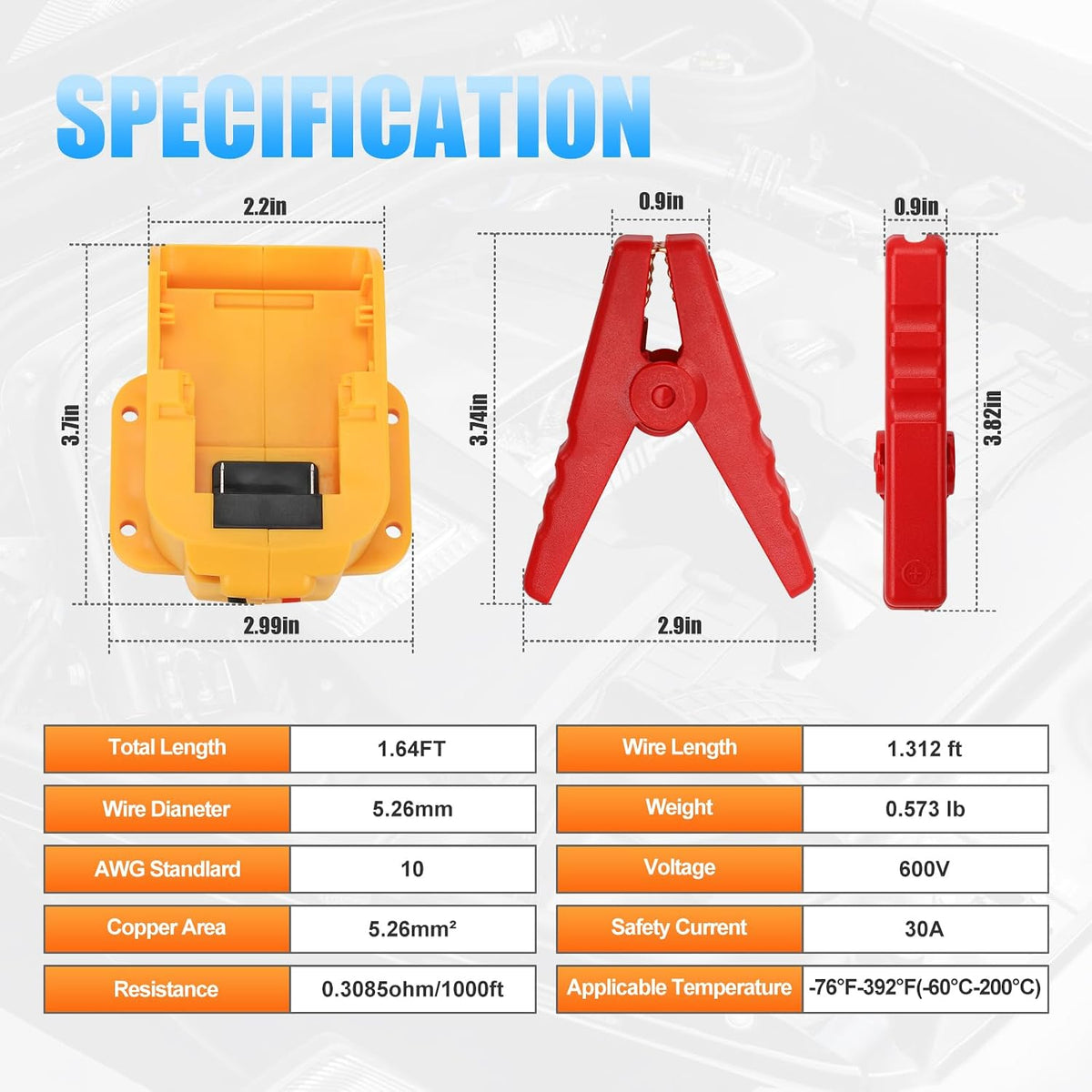 Jumper Cable Adapter for Dewalt 20V Battery, 10AWG Jump Starter Cable