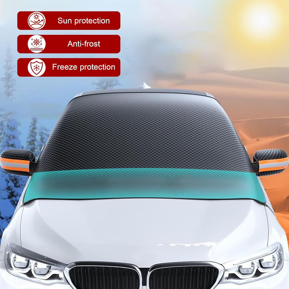 Windshield Snow Protector, Reflective Strips Heat Insulation Windshield Sun Shade Visor, All-Season Auto Front Glass Sun & Frost Shield, Universal for Most Cars (Black)