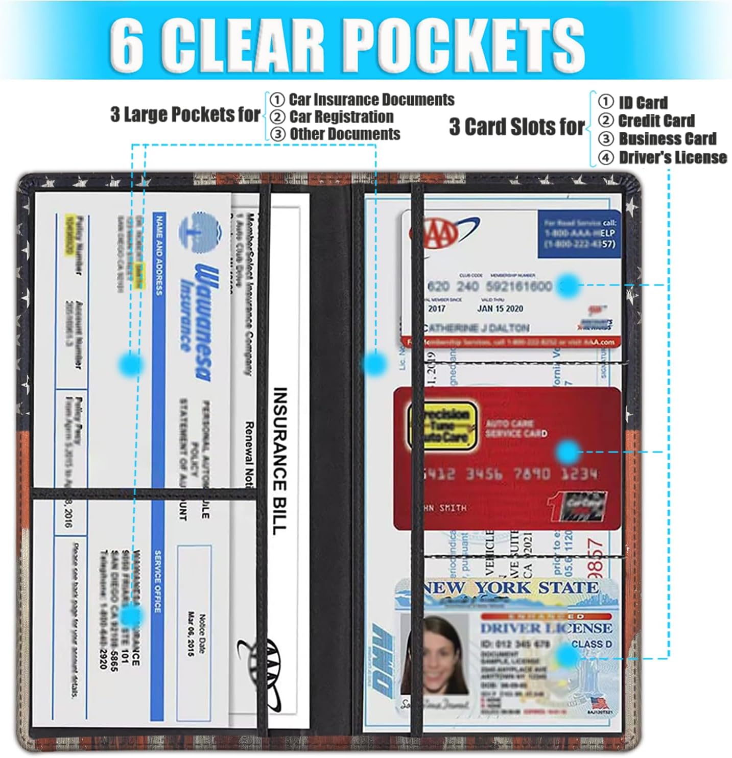 Car Document Holder with Magnetic Shut, PU Leather Car Registration & Insurance Card Holder for Driver License, Cards & Essential Documents, Vehicle Glove Box Organizer, American Flag Pattern