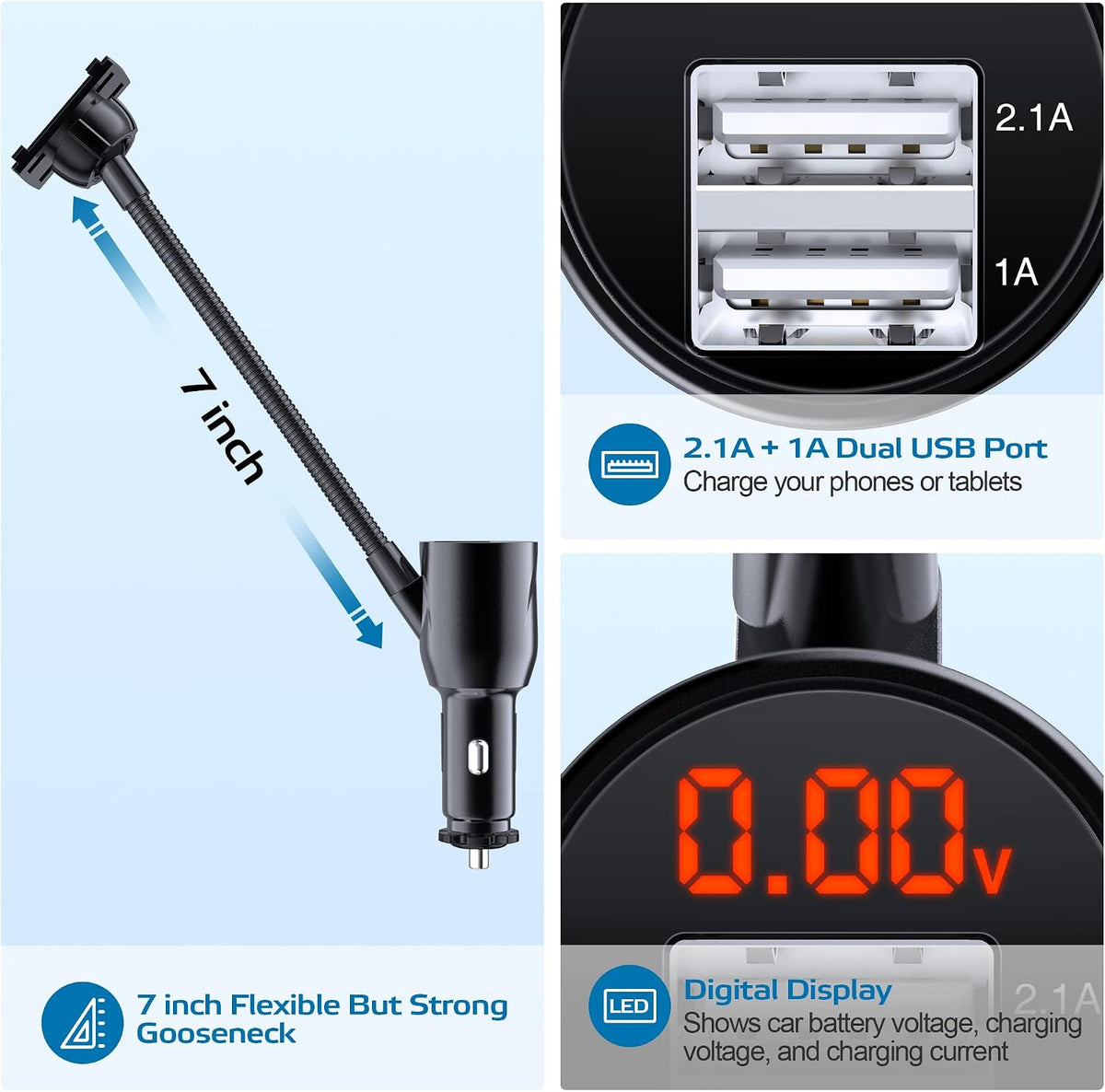 3-in-1 Cigarette Lighter Car Mount + Voltage Detector (Not for Center Console & Window), Dual USB 3.1A Charger with Adjust Gooseneck & 360° Rotating Car Mount Cradle for 1.7-3.7inch Width Phones