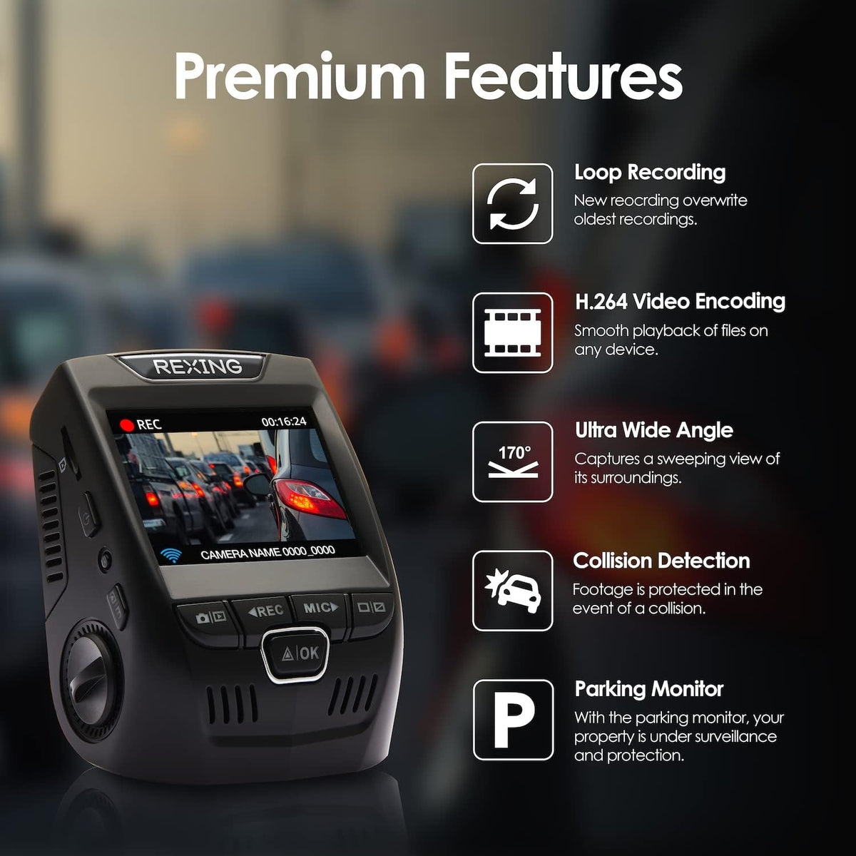 RexingUSA V1 Basic 1080p Dash Cam FHD DVR Car Driving Recorder with 2.4” LCD Screen 170° Wide Angle | G-Sensor | WDR | Parking Monitor | Loop Recording