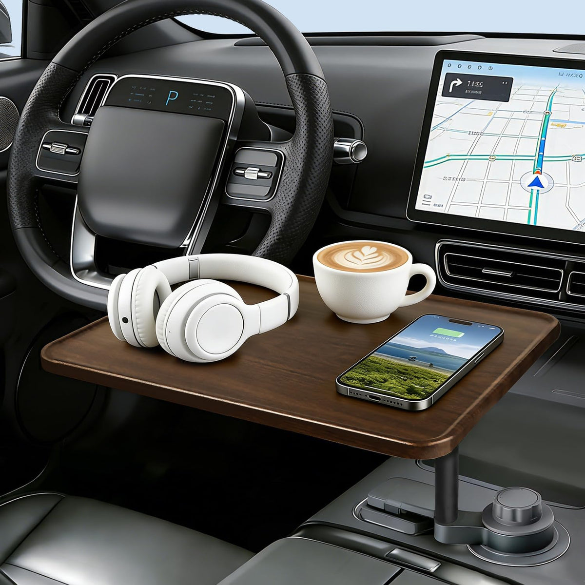 Car Desk for Laptop, 360° Rotation Cup Holder Table, Car Table & Car Food Tray for Tesla Model Y/3, F-150/Ram 1500/GMC Sierra 1500 & Most Vehicles, Car Accessories for Women & Men(Long Pole)