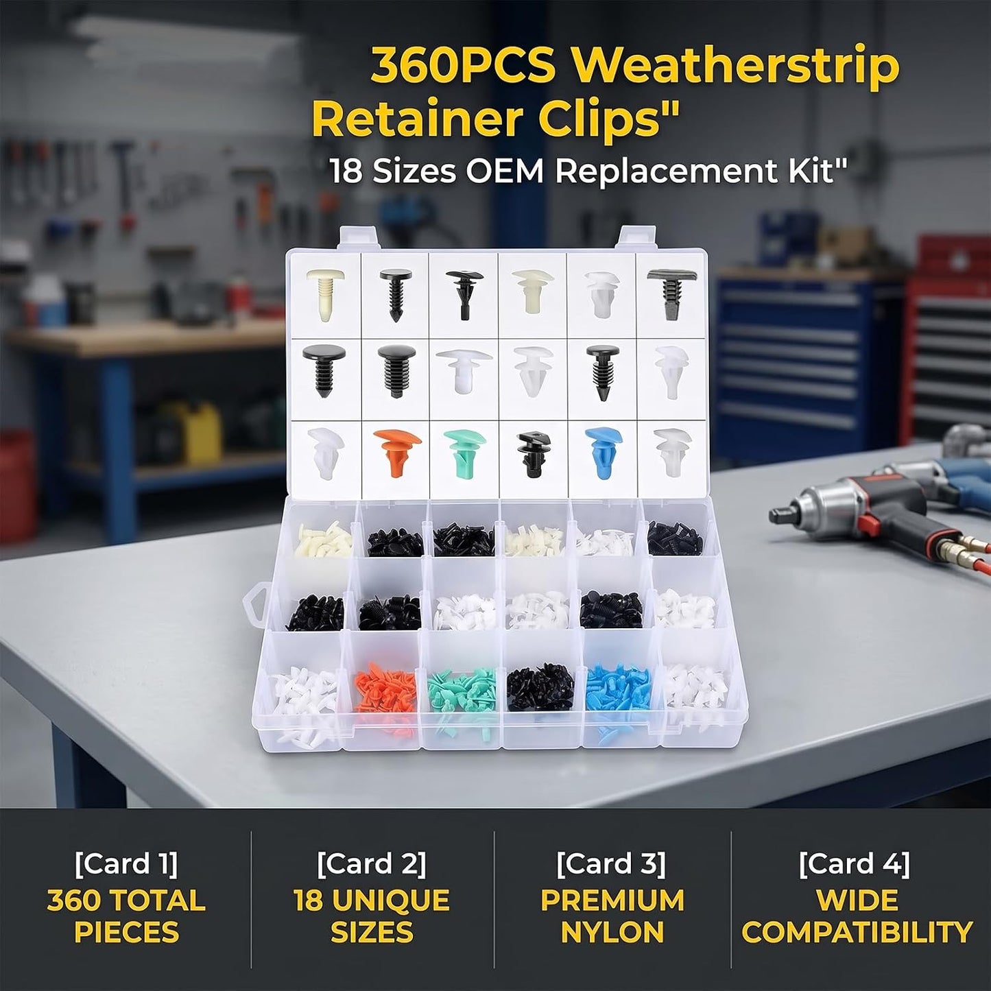 360Pcs Weatherstrip Retainer Clips Quick-Select Kit Assortment, Nylon Door Seal Fasteners, Compatible with Ford GM Chrysler VW Multiple Vehicles (Multicolor)