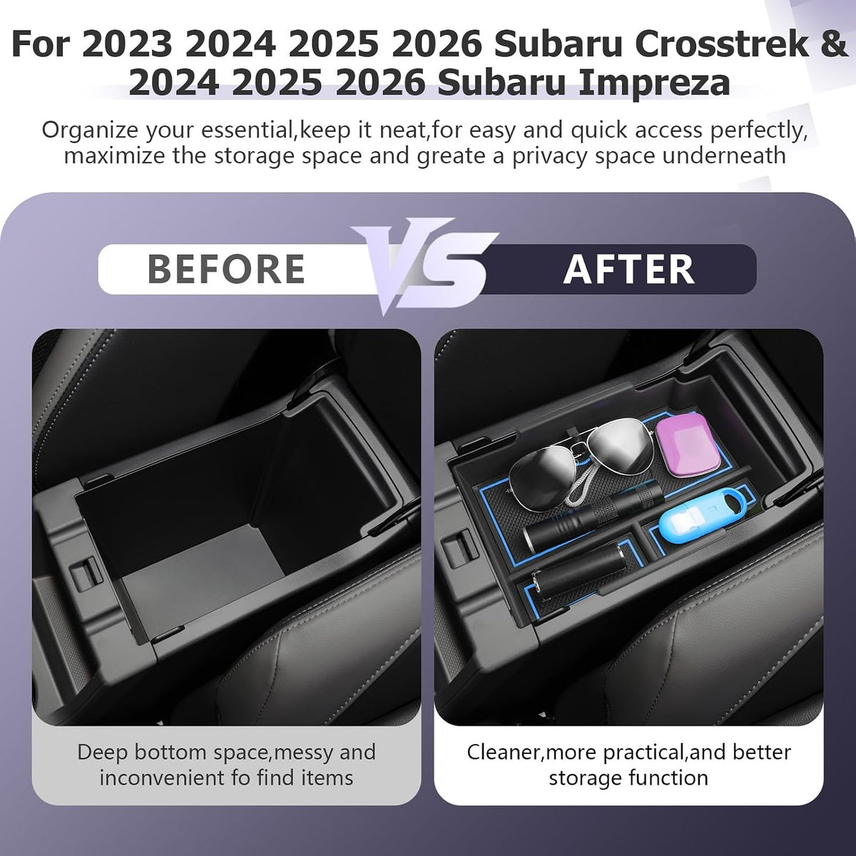LUWU Center Console Organizer Compatible with Subaru Crosstrek & Impreza 2024-2026 Accessories Armrest Console Secondary Storage Box Insert Tray ABS Material with Coin Holder Blue