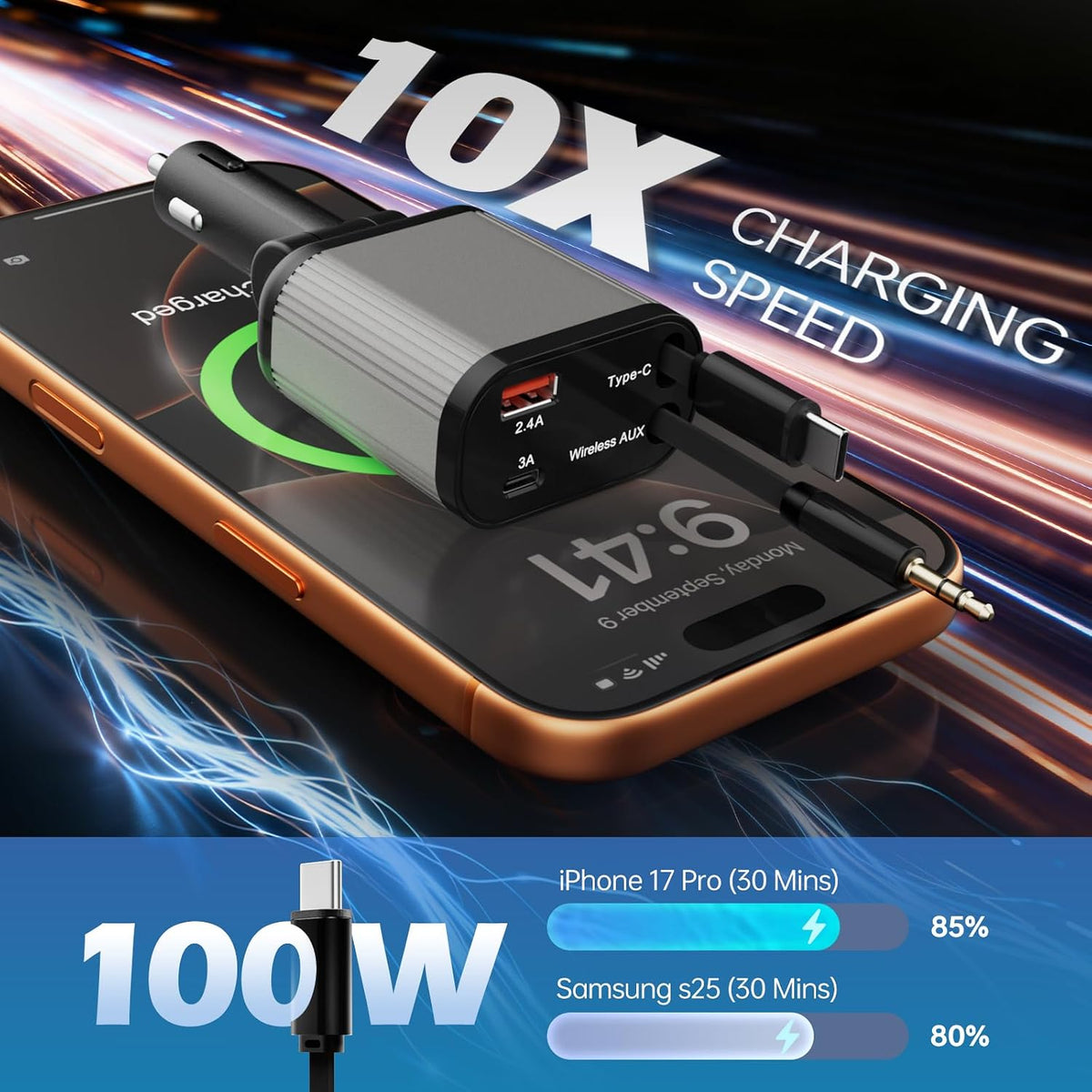 100W AUX Retractable Car Charger, Compact 4-in-1 Fast Charging USB-C Charger with Wireless AUX, Stream Music Wirelessly, Compatible with iPhone 17-11, Galaxy, Pixel, and USB Devices, Car Accessories