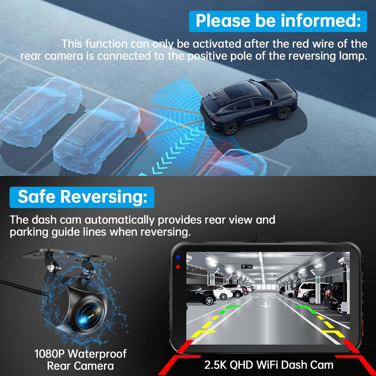 Dash Cam Front and Rear, 2.5K Front 1080P Rear WiFi App Control w/64GB Card