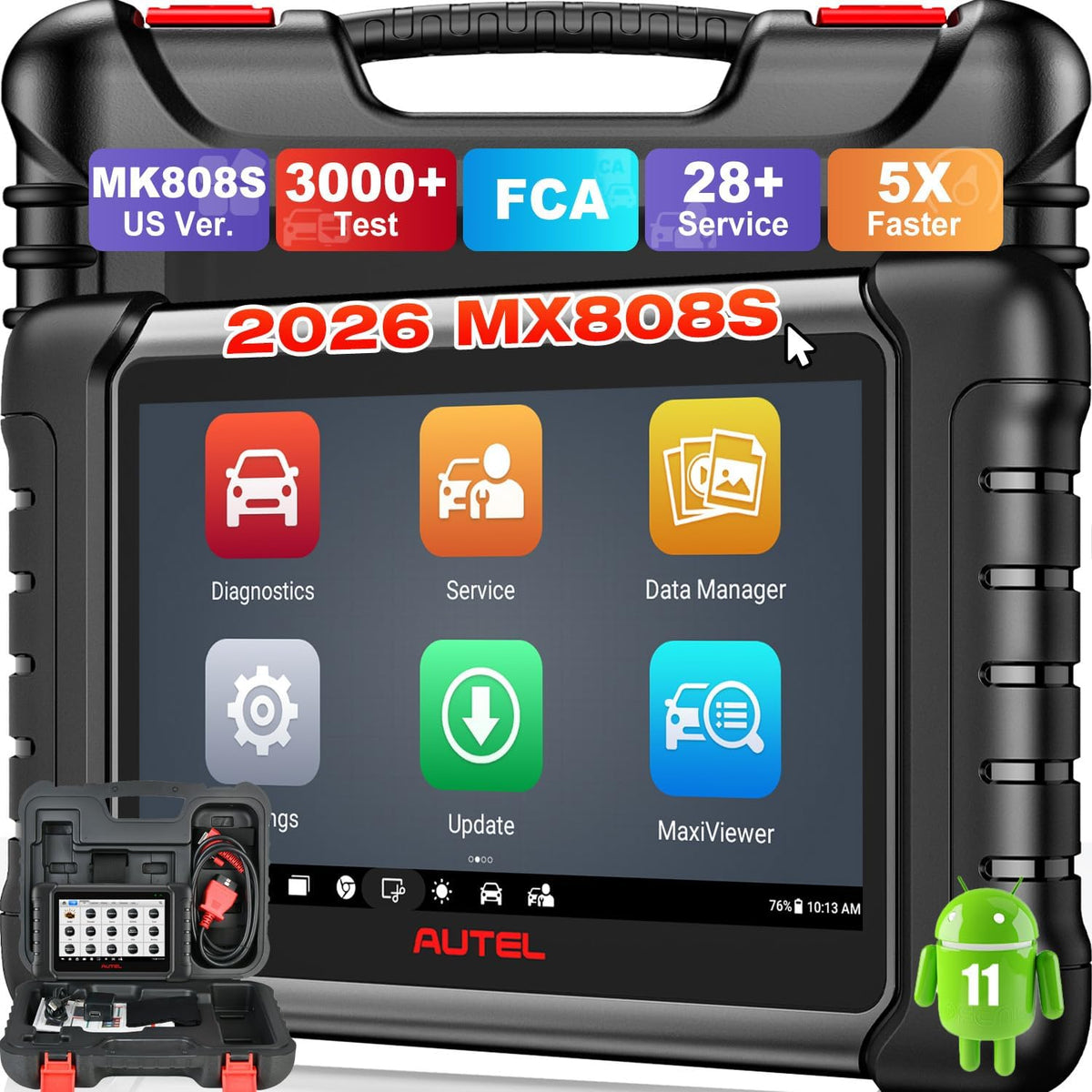 Autel Scanner MaxiCheck MX808S, 2026 Bidirectional OBD2 Scan Tool US Ver. of MaxiCOM MK808S MK808Z, 3000+ Active Test 11OS as MK900 MK900BT MX900, 28+ Service for 200+ Brands, OE All Diagnostic, FCA