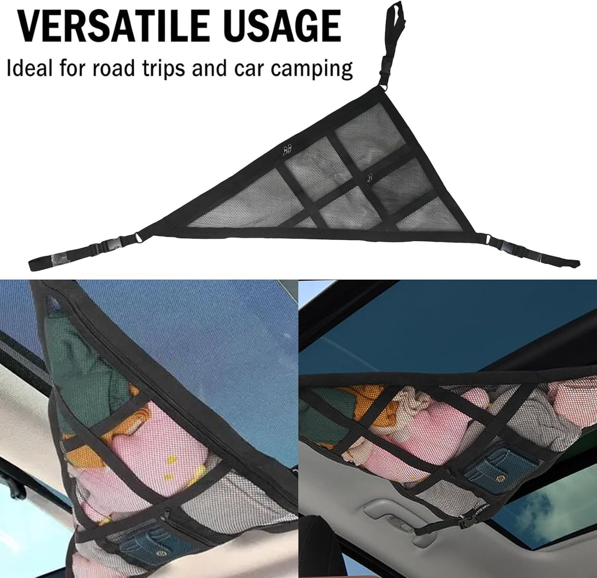 Car Ceiling Cargo Net, Double-Layer Roof Storage Organizer for 3-Handle and 4-Handle Vehicles, Ideal for Road Trips and Camping