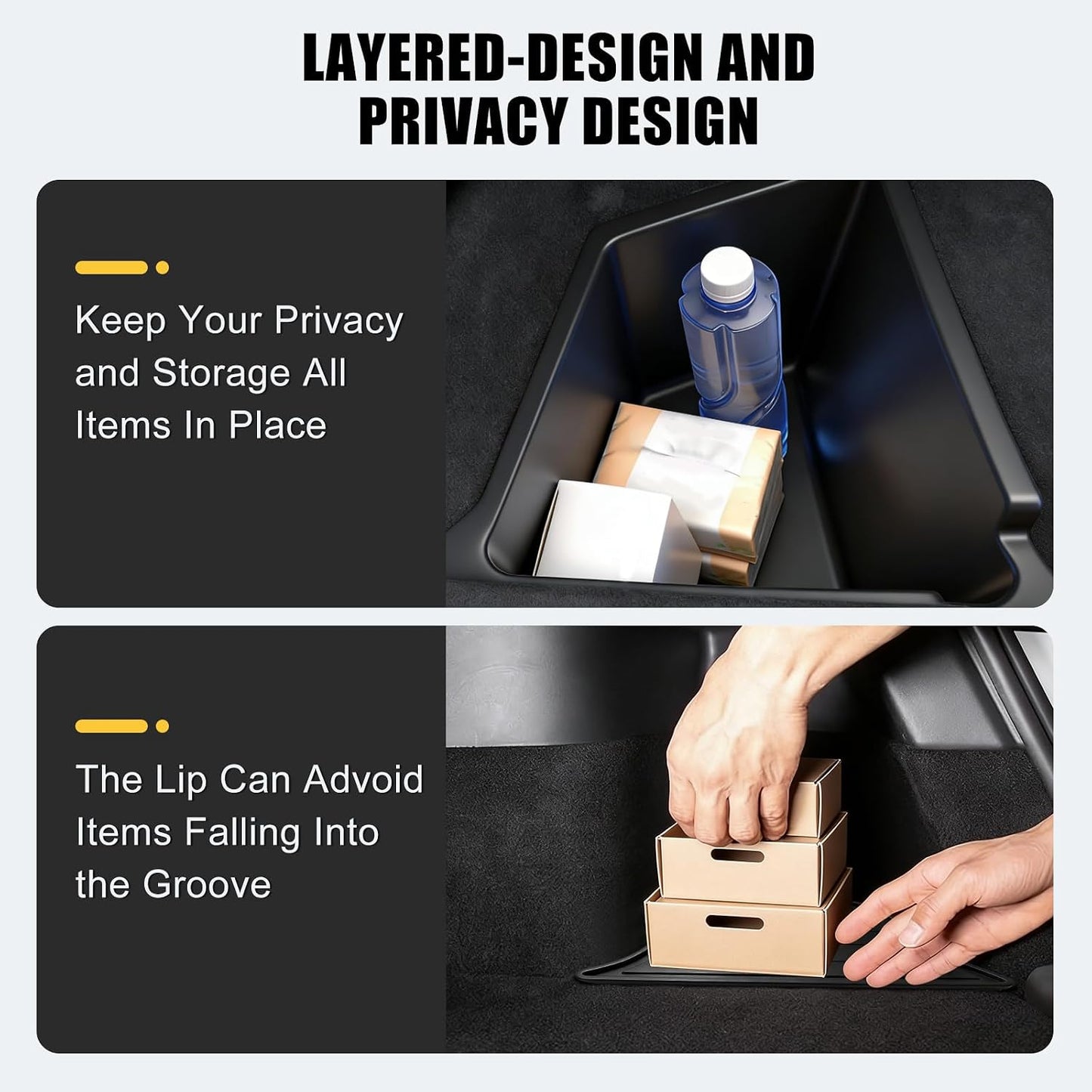 Trunk Storage Bins with Lids Custom Fit 2025 2026 Tesla Model Y Juniper 5 Seater, 2PCS Waterproof TPE Rear Side Cargo Organizer Boxes with Anti-Slip ABS Covers, Black