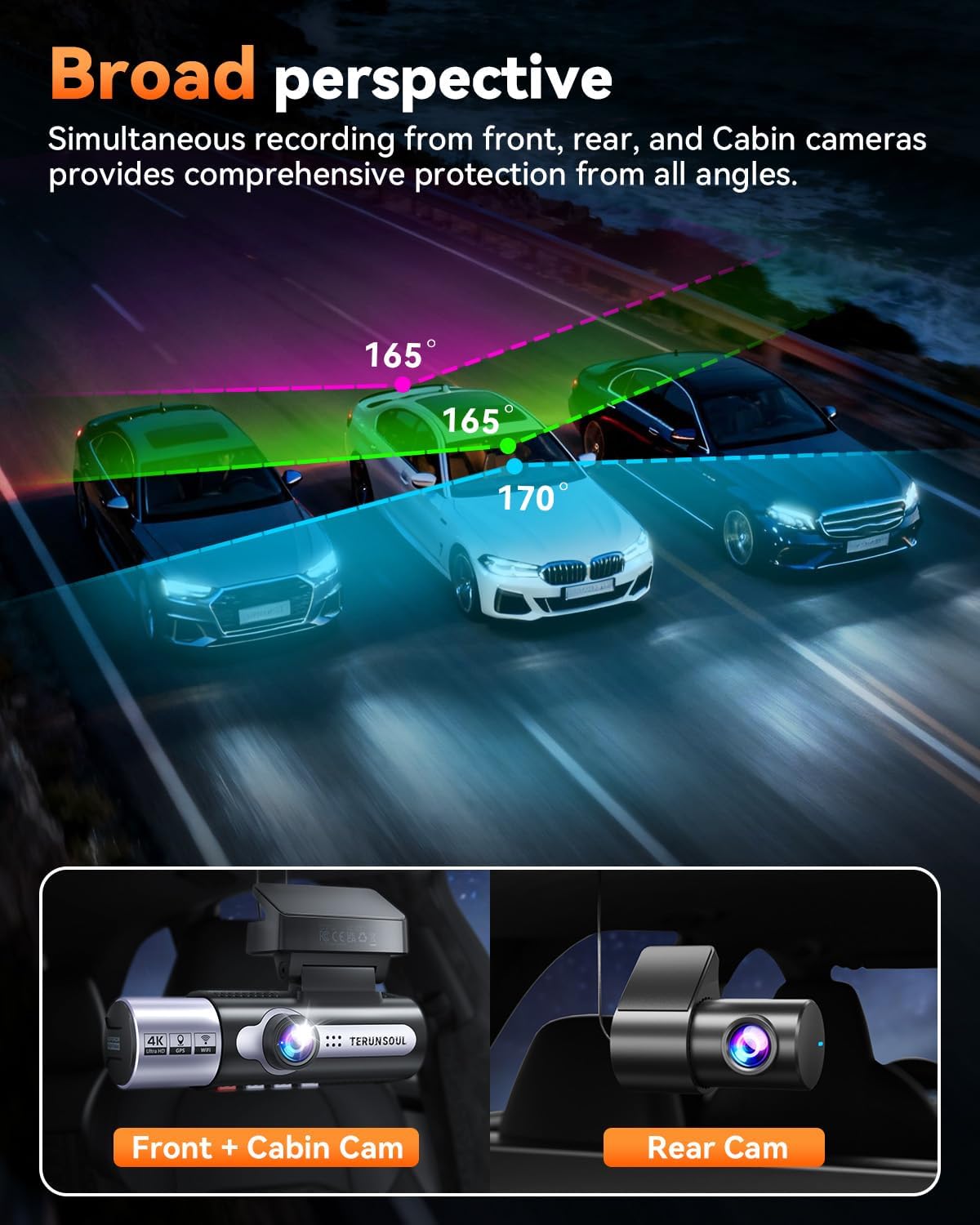 4K Dash Cam Front and Rear, Full HD 3 Channel Dashcam, Free 128GB Card