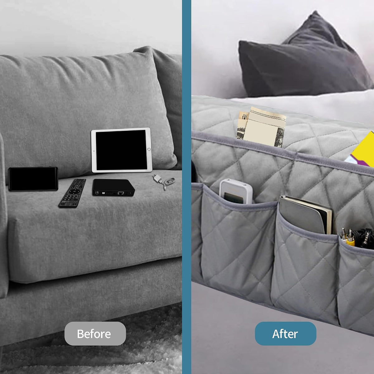 MEHIDFY Armchair Caddy, Waterproof Sofa Armrest Organizer, Non Slip Recliner Organizer, Remote Holder for Recline, Recliner Caddy with 14 Pockets Storage for TV Remote, Phone, Magazine (Grey)