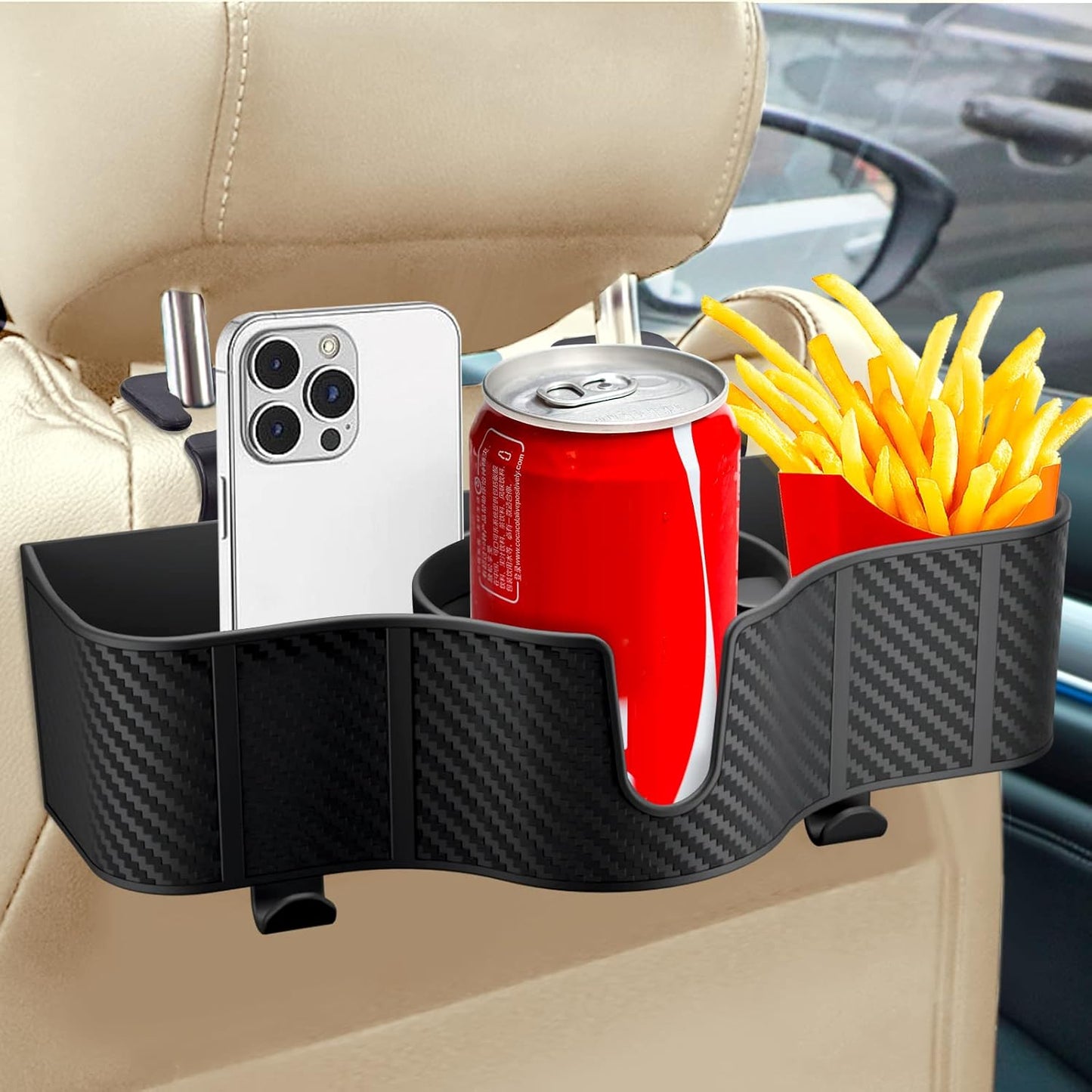 OUSHASAA 3-in-1 Car Headrest Organizer with 3.7" Cup Holder & Hooks-1PC | Backseat Cup Holder for Car, Multifunctional Car Travel Storage, Fits Most Cars & SUVs, Easy Installation