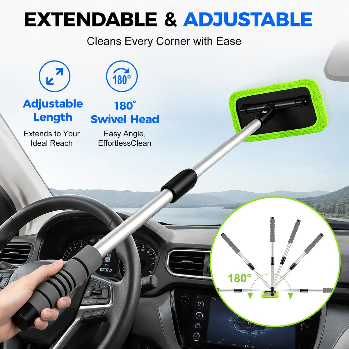 XINDELL Interior Windshield Cleaner Tool – Car Window Cleaning Tool Extendable Handle for Easy Cleaning, 9pcs Reusable Microfiber Pads, Streak-Free Interior & Exterior Auto Glass Cleaner