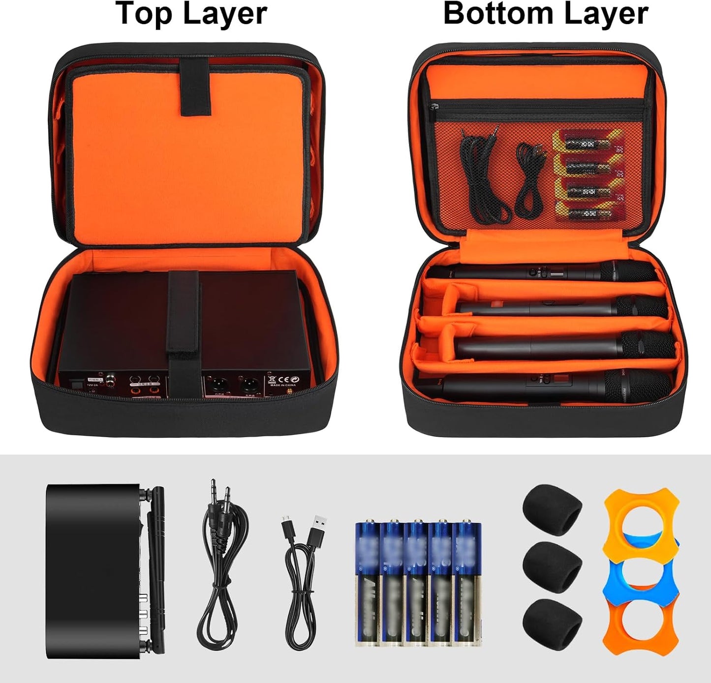 4-Slot Wireless Microphone Case, Storage Bag Compatible with JBL Partybox/Shure/TONOR Handheld Microphone System, Double Layer Wireless Mic Organizer for Receiver & Cables