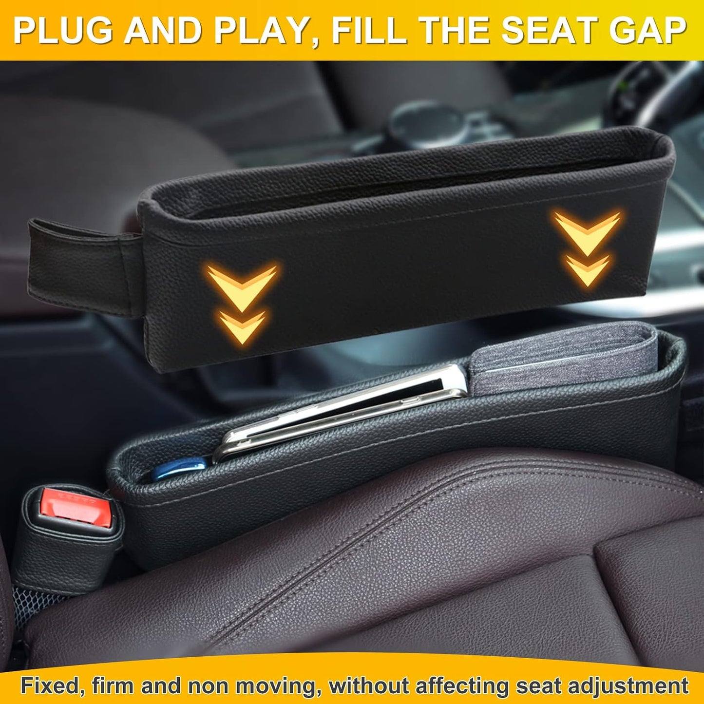 2 Pack Update Car Seat Gap Filler Organizer Leather Console Storage Box Front Side Pocket Seats Organizers Filler Interior Car Accessories for Phone Wallet Coin Key Sunglasses (Black)