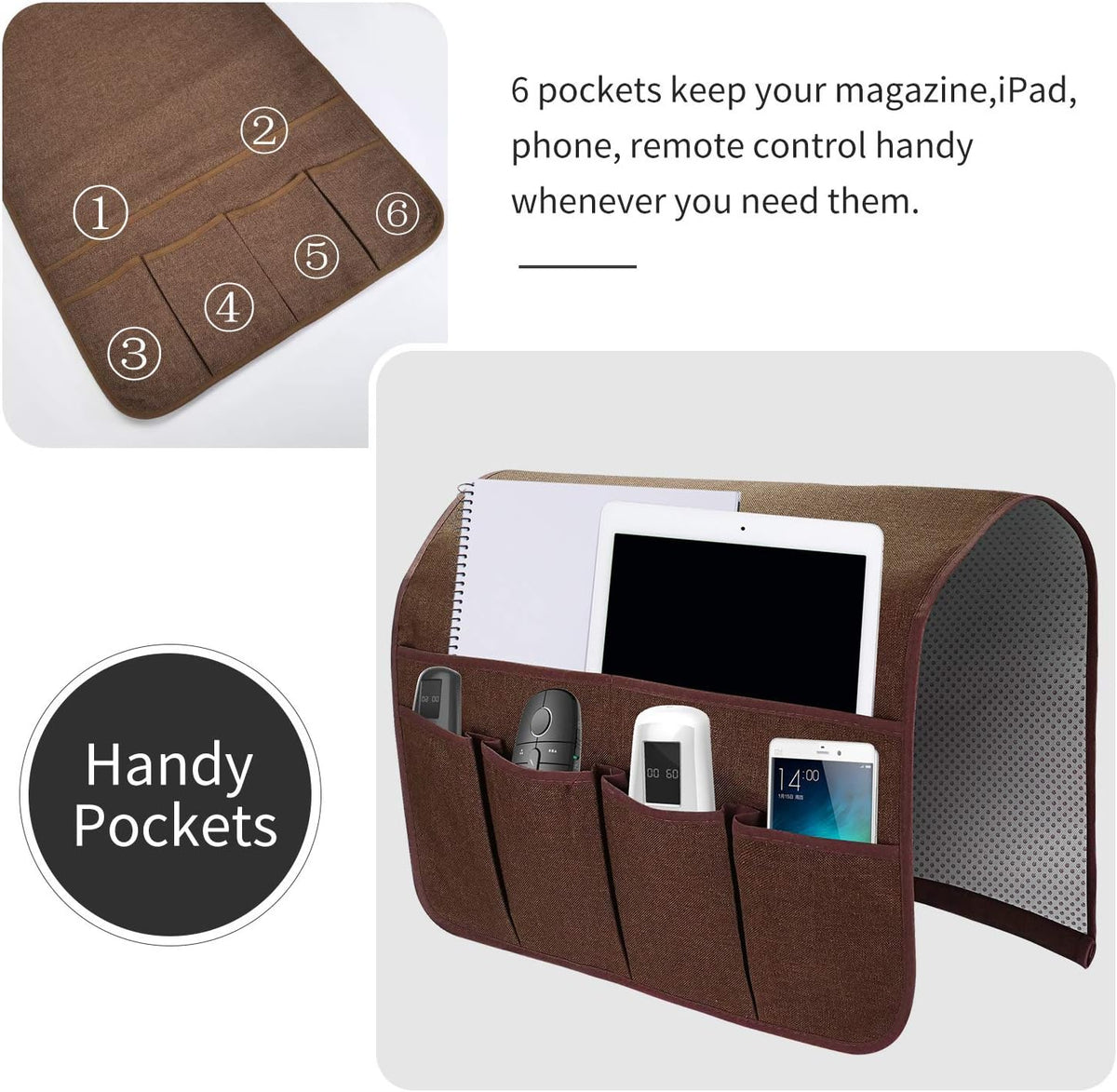 Sofa Armrest Organizer, Remote Control Holder for Recliner Couch, Arm Chair Caddy with 6 Pockets for Magazine, Tablet, Phone, iPad