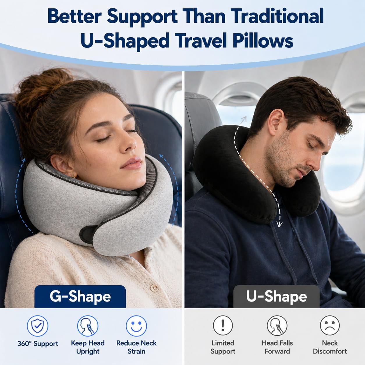 Purroch G-Shape Memory Foam Travel Neck Pillow - 100% Pure Foam Ergonomic Support with Eye Mask & Ear Plugs for Airplane Flights, Car Trips & Office Naps, Medium Gray