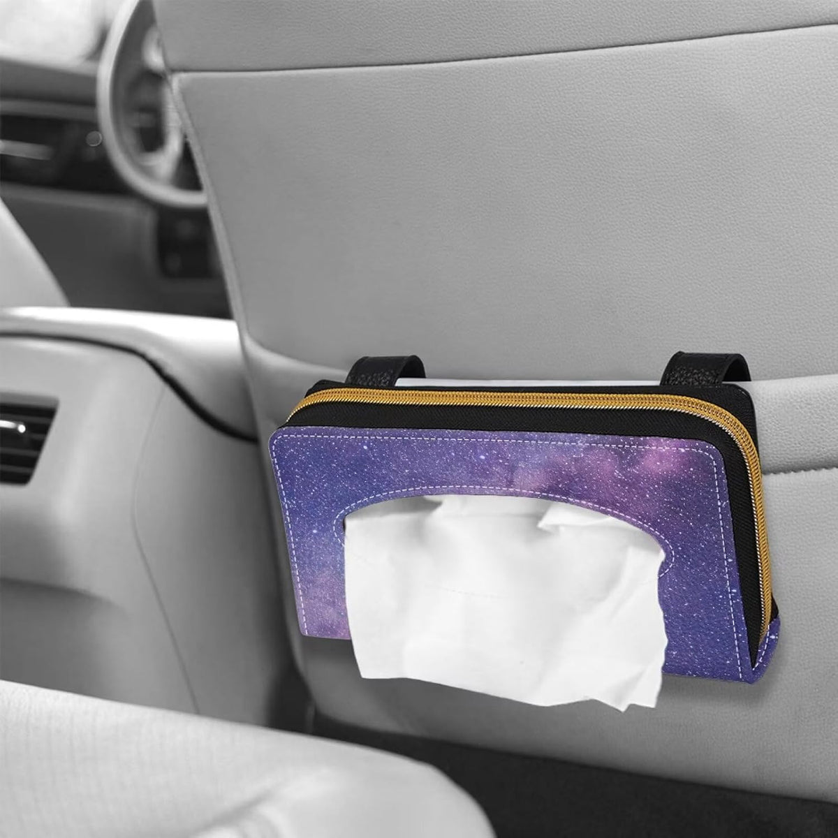 Biyejit Car Visor Tissue Holder, Purple Galaxy Print Car Mask Holder, Car Sun Visor Napkin Holder Backseat Tissue Case，Pu Leather Tissues Box, 1 Pack