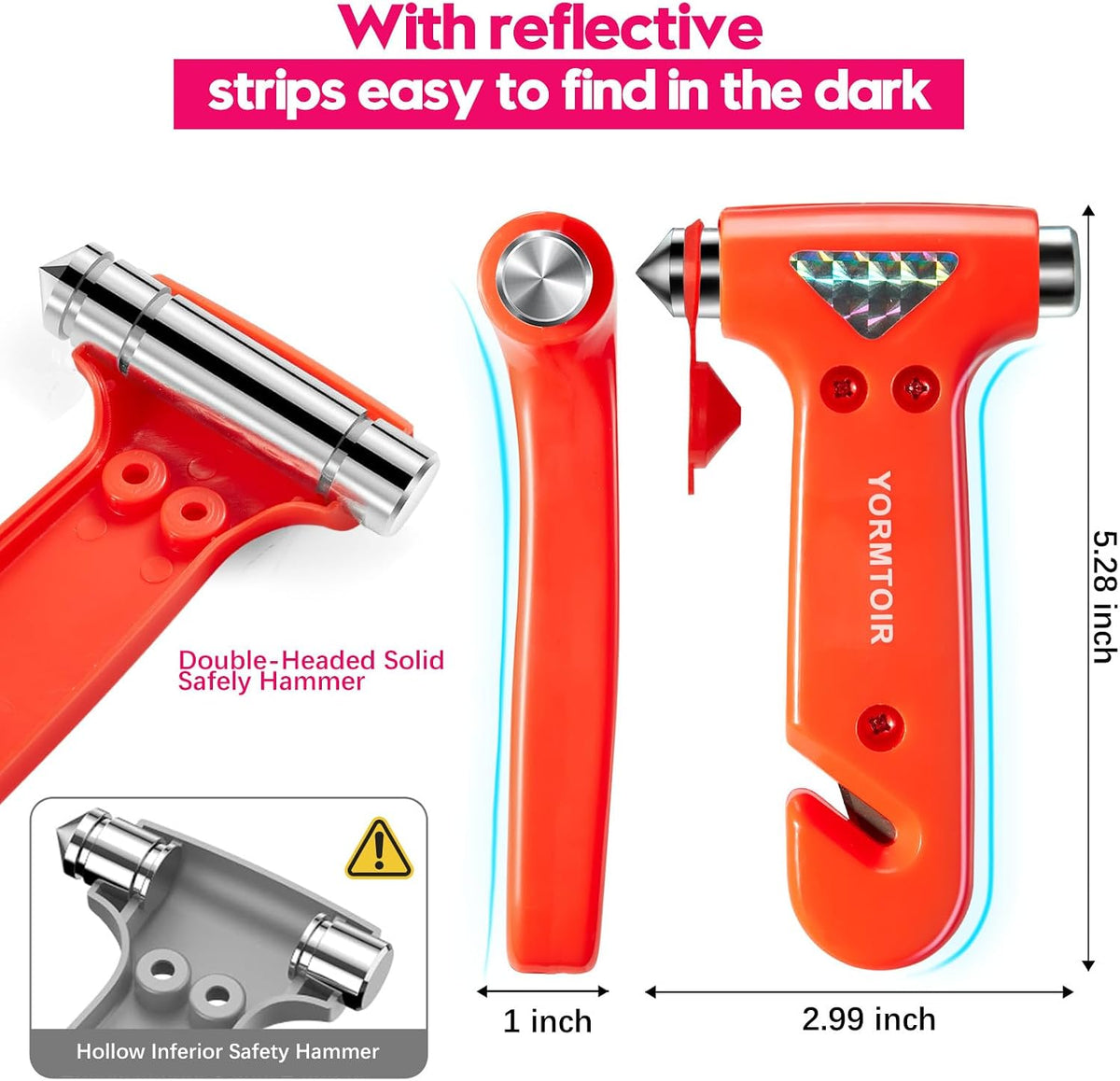 Car Safety Hammer with Seatbelt Cutter & Window Breaker, 2 Pack, Orange