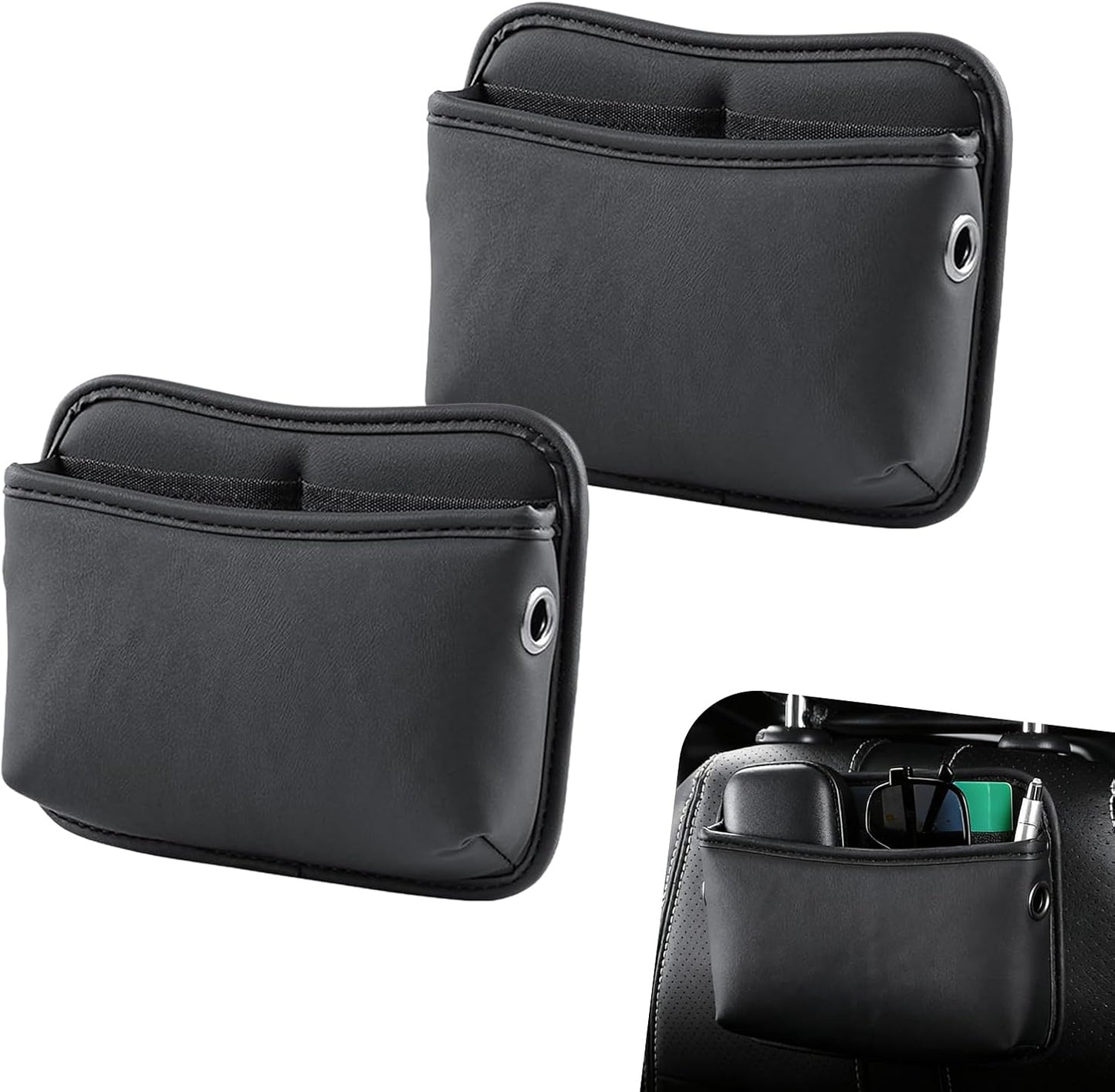 2 PCS Car Seat Side Storage Pocket, Leather Self-Adhesive Car Seat Storage Pouch, 5.94" x 7.44" Multifunctional Convenient Auto Organizer Bag for Phone Keys Sunglass &amp; Wallet (Black)