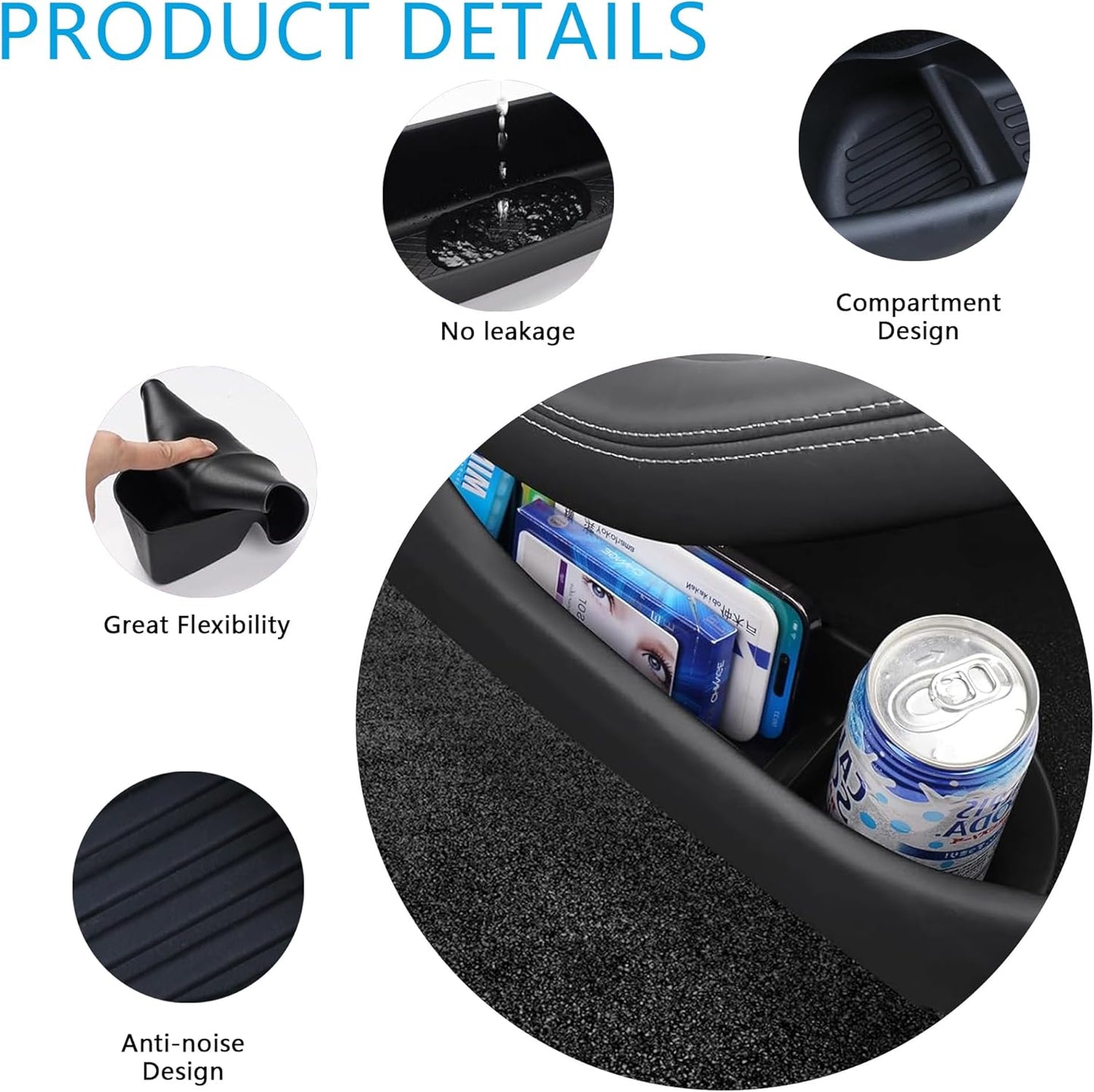 4PCS Car Door Organizer Tray for Tesla Model Y Juniper 2026 2025 Door Side Storage Box for Juniper Accessories Door Pocket Liners TPE Front & Rear Side Organizer Tray Protector Liner