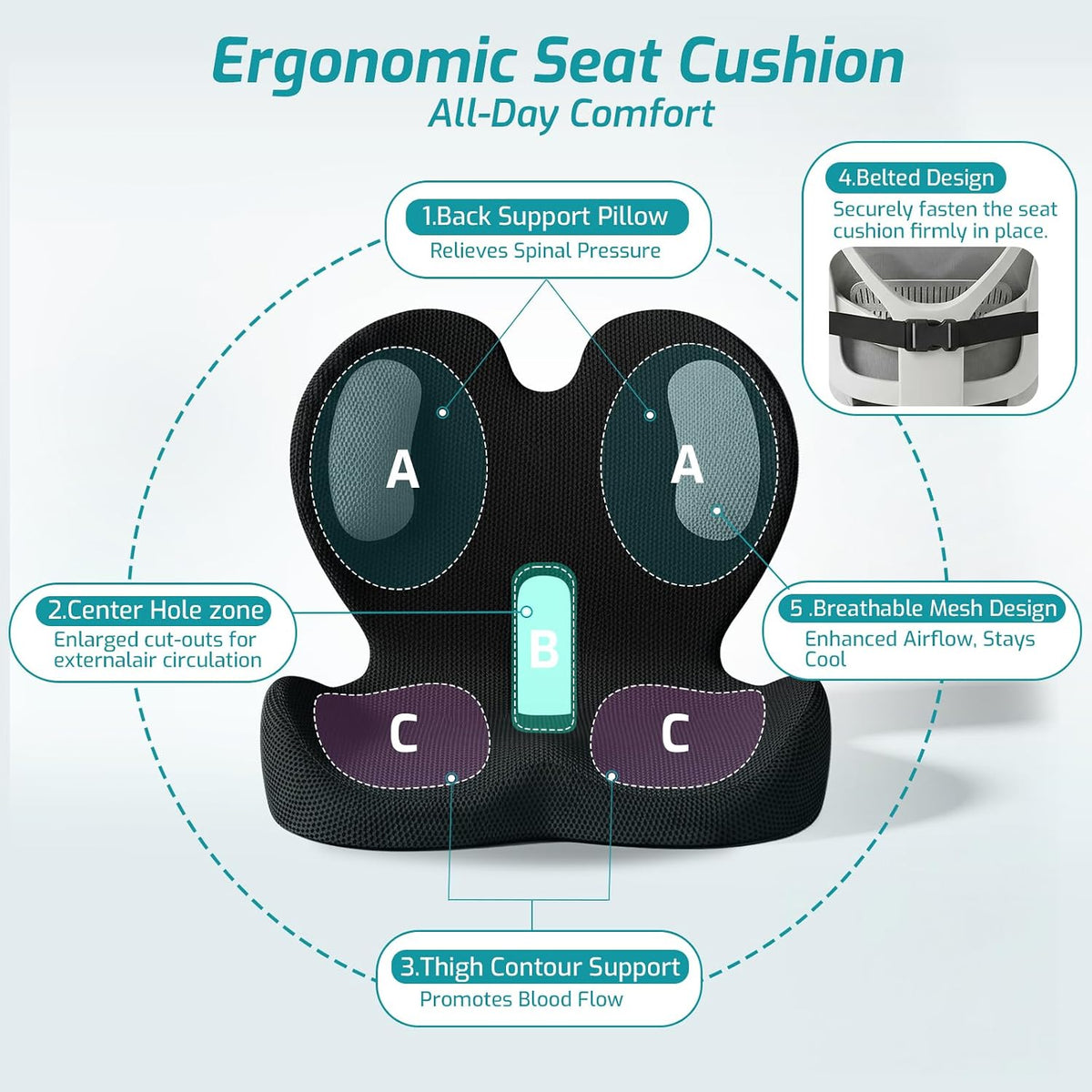 Trucker Seat Cushion, 3" Thick Car Seat Cushions with Lumbar Support Pillow