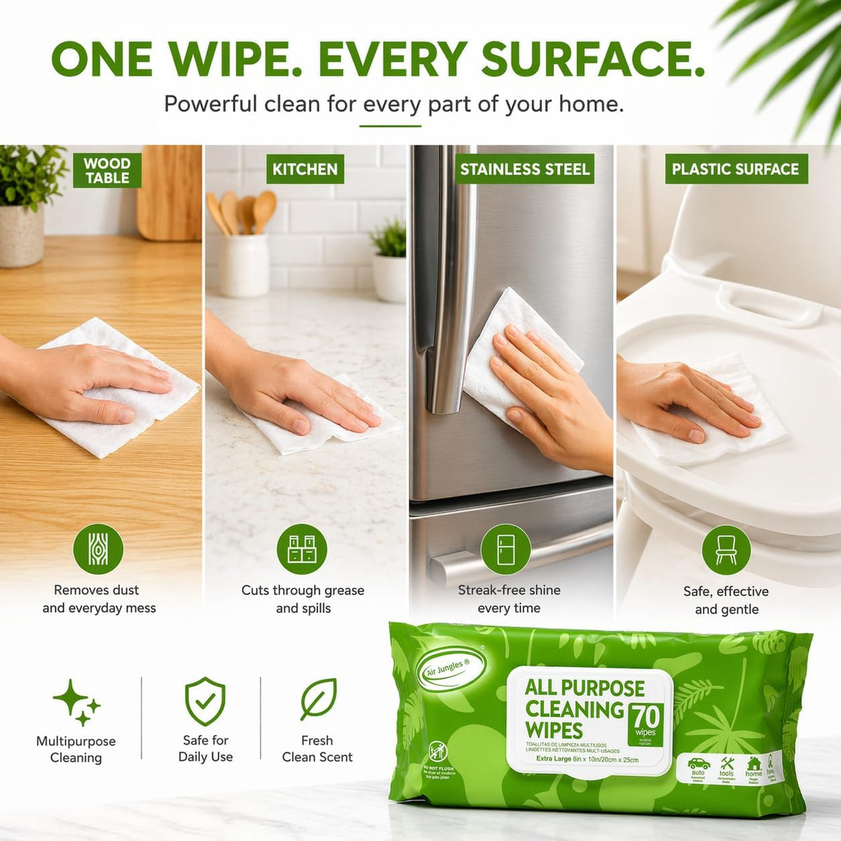 Air Jungles All Purpose Cleaning Wipes 70 Count, XL 8x10 Inch | Heavy Duty for Car Interior, Kitchen, Bathroom, Gym Equipment, Tools, Non-Toxic Safe For Multi-Surface