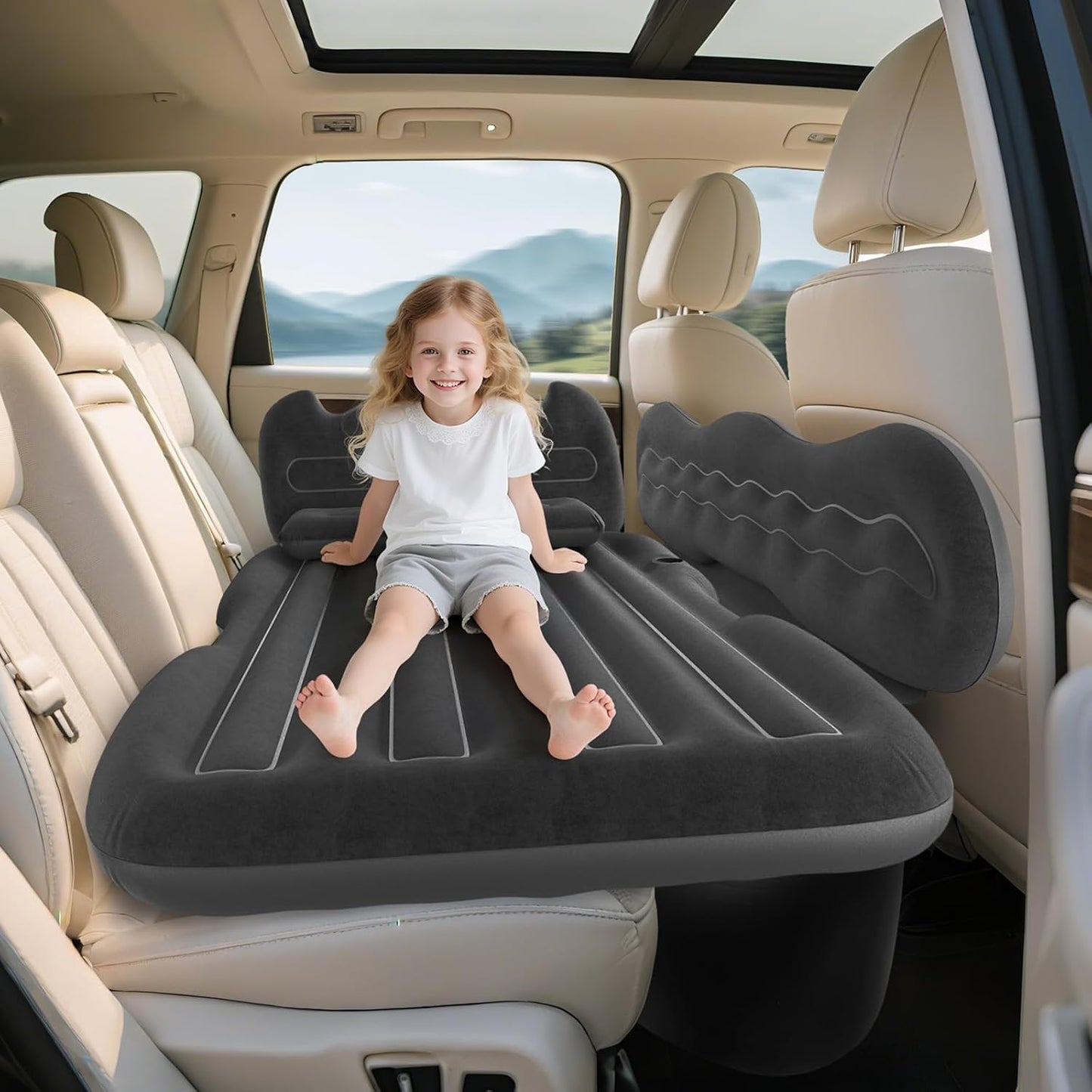dessports SUV Air Mattress Inflatable Travel Bed: Foldable - Portable Car Inflatable Bed Camping & Road Trips - Thickened Car Air Mattress for Back Seat with Carry Bag & Cup Holder & 2 Pillows