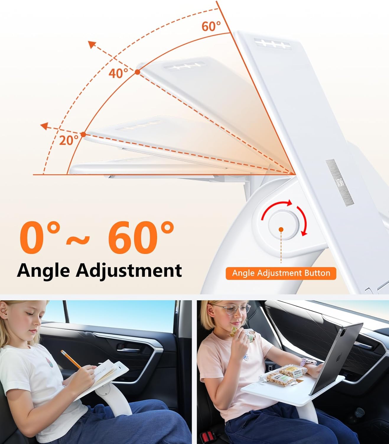 Car Seat Tray Table, Adjustable Travel Tray for Kids/Adults, Car Lap Desk for Laptop Computer Tablet Book, Front Passenger/Rear/Driver Seat Food Eating, Essentials Accessories for Long Trips