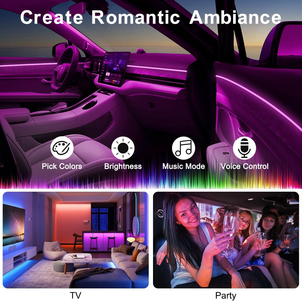 Interior Car Lights APP/Remote Control, 5 in 1 RGB USB Ambient Lighting Kit