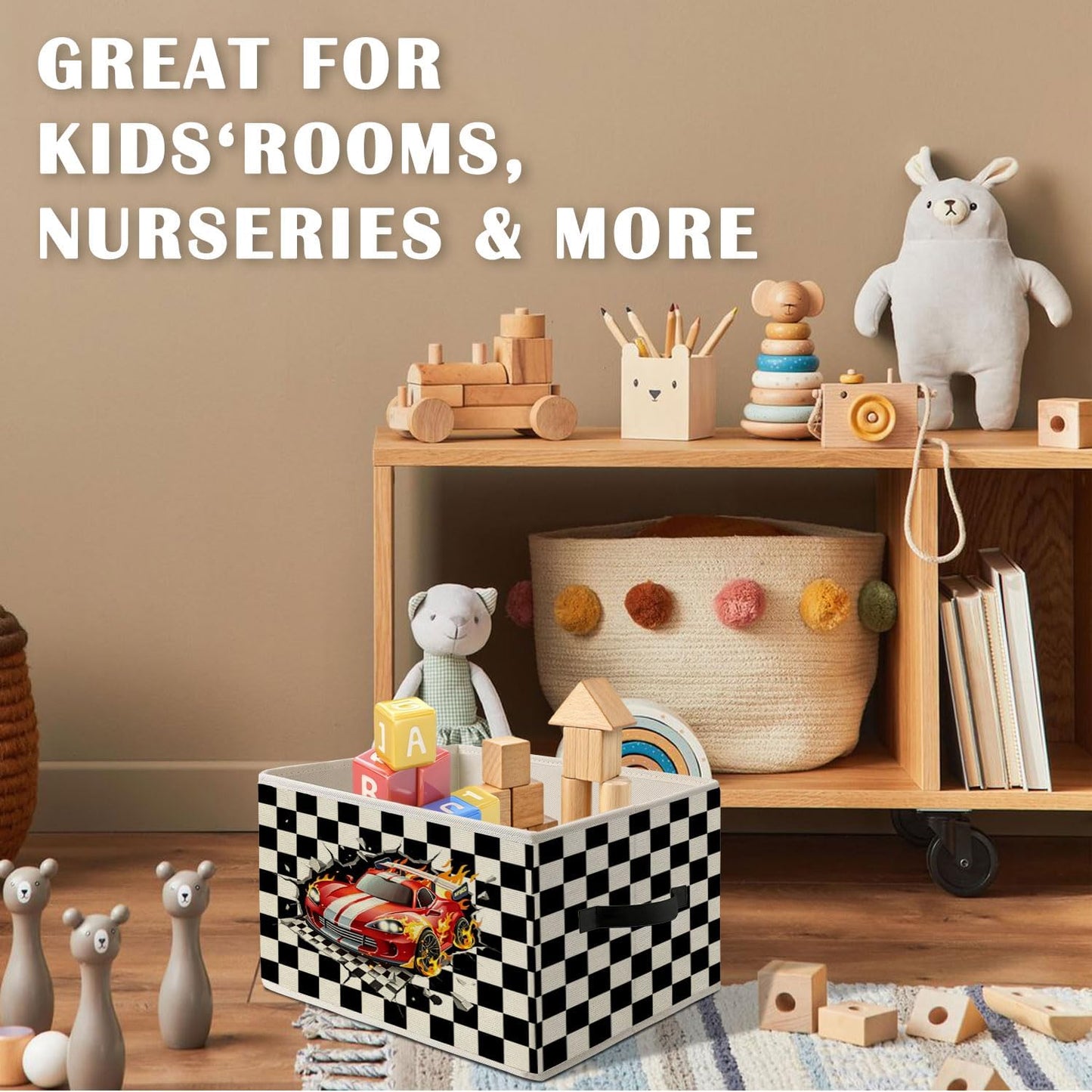 Racing Storage Bins Box,Race Car Room Decor | Ready Set Go Black Checkered Foldable Collapsible Storage Basket Organizer for Kids Nursery Bedroom Toys Playroom