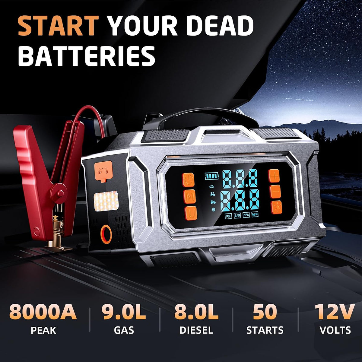 8000A Jump Starter with Air Compressor, 180PSI Auto-Shutoff Tire Inflator