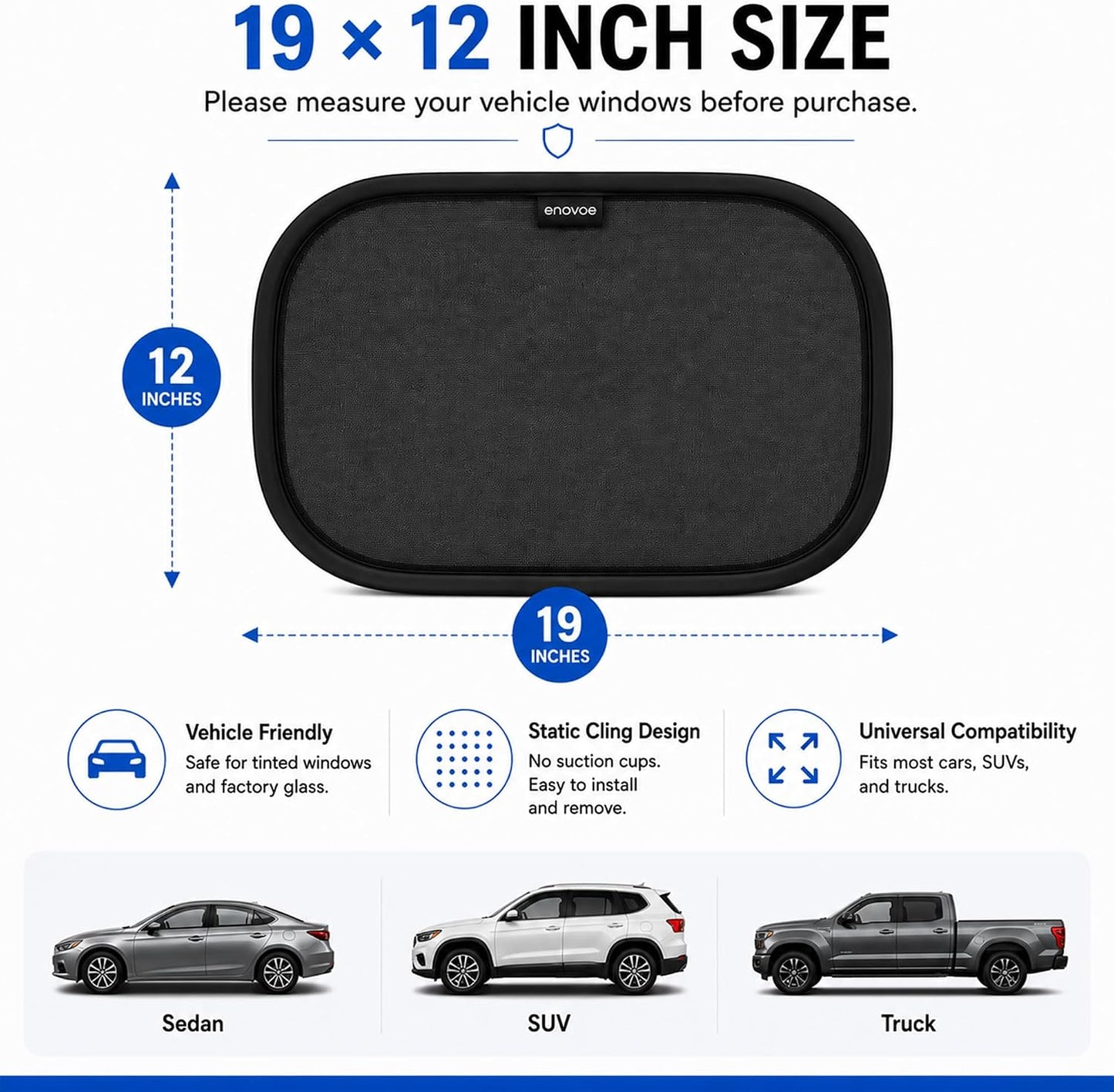 2-Pack Car Window Shades by Enovoe - 19" x 12" in Side Window Cover for SUVs, Sedans, and Trucks - Protects Baby from UV Rays and Glare - Cling Design for Easy Use - Plain