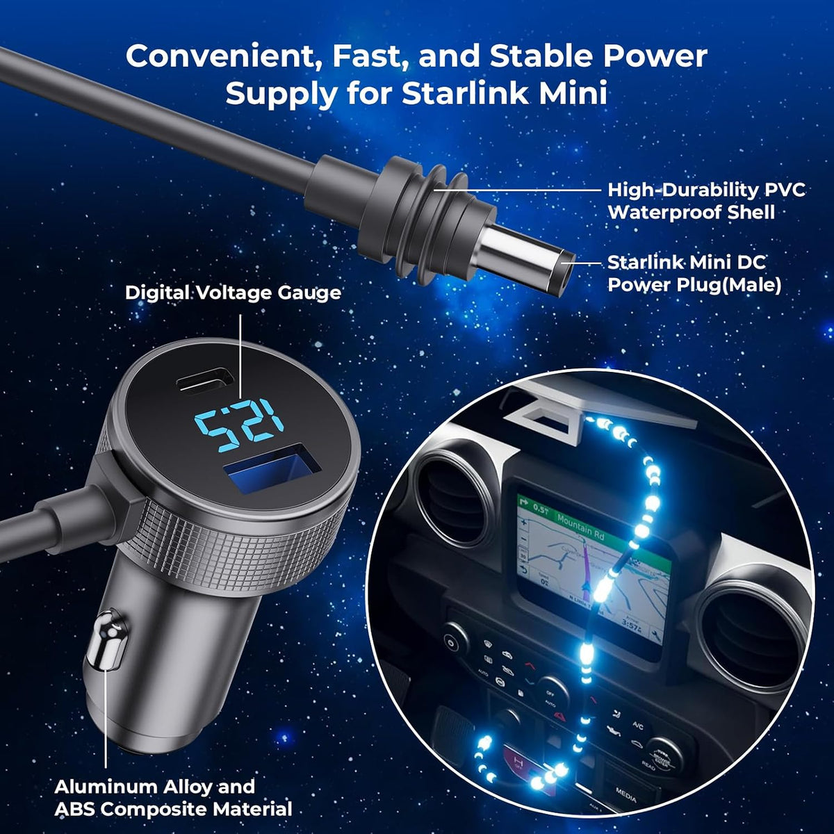 Starlink Mini Cable, 3 in 1 Starlink Mini Car Charger DC Power Cable+ Cigarette Lighter Adapter 12V-48V with Digital Display, Durable USB C PD 40W and USB A 35W Ports for Trucks and Cars (10FT)