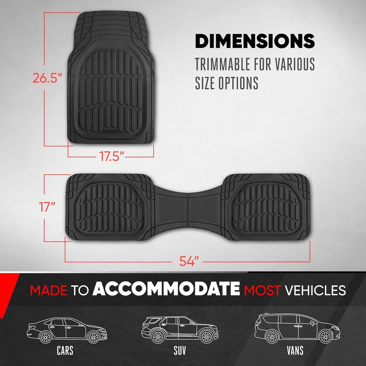 Motor Trend FlexTough LITE Rubber Car Mats Full Set with Cargo Liner - All Weather Floor Mats for Cars & SUVs - Automotive Waterproof Black Car Floor Mats for Cars Accessories Universal Trim-to-Fit