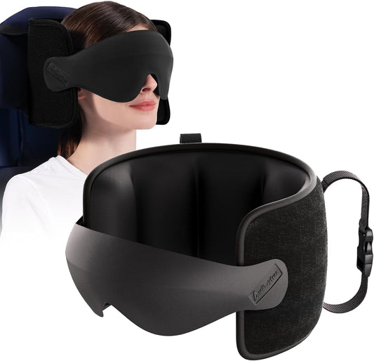 Travel Pillow for Airplanes Head Strap Support, 3D Eye Mask | 360 Airplane Sleep Support Headrest Pillow No Bobbing Head Sleeping Aid Travel Essentials for Long Flights/Car/Trip Black