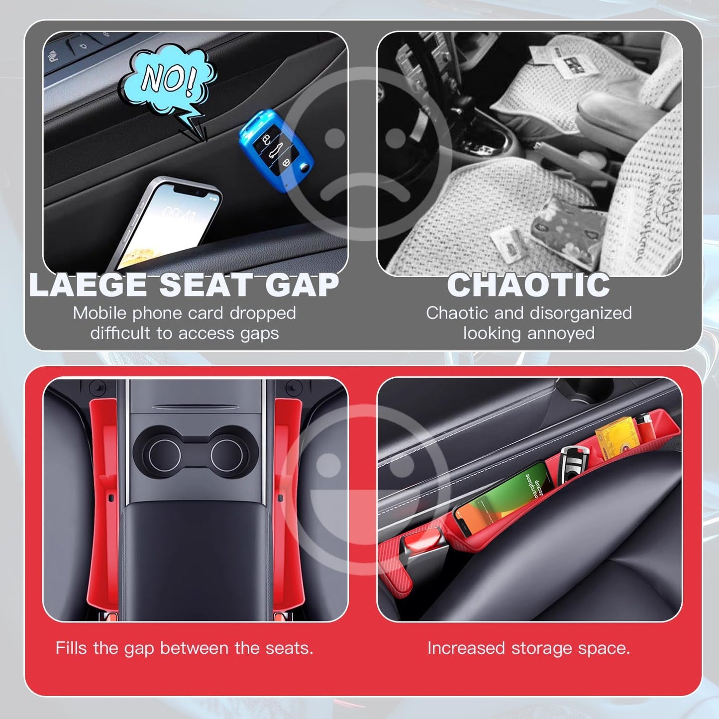 2PCS Car Seat Gap Filler Organizer,Multifunctional Car Gap Fillers with USB and Phone Holder, Universal Car Seat Storage Organizer Between Seats for Phone, Keys, Eyeglasses(Red)